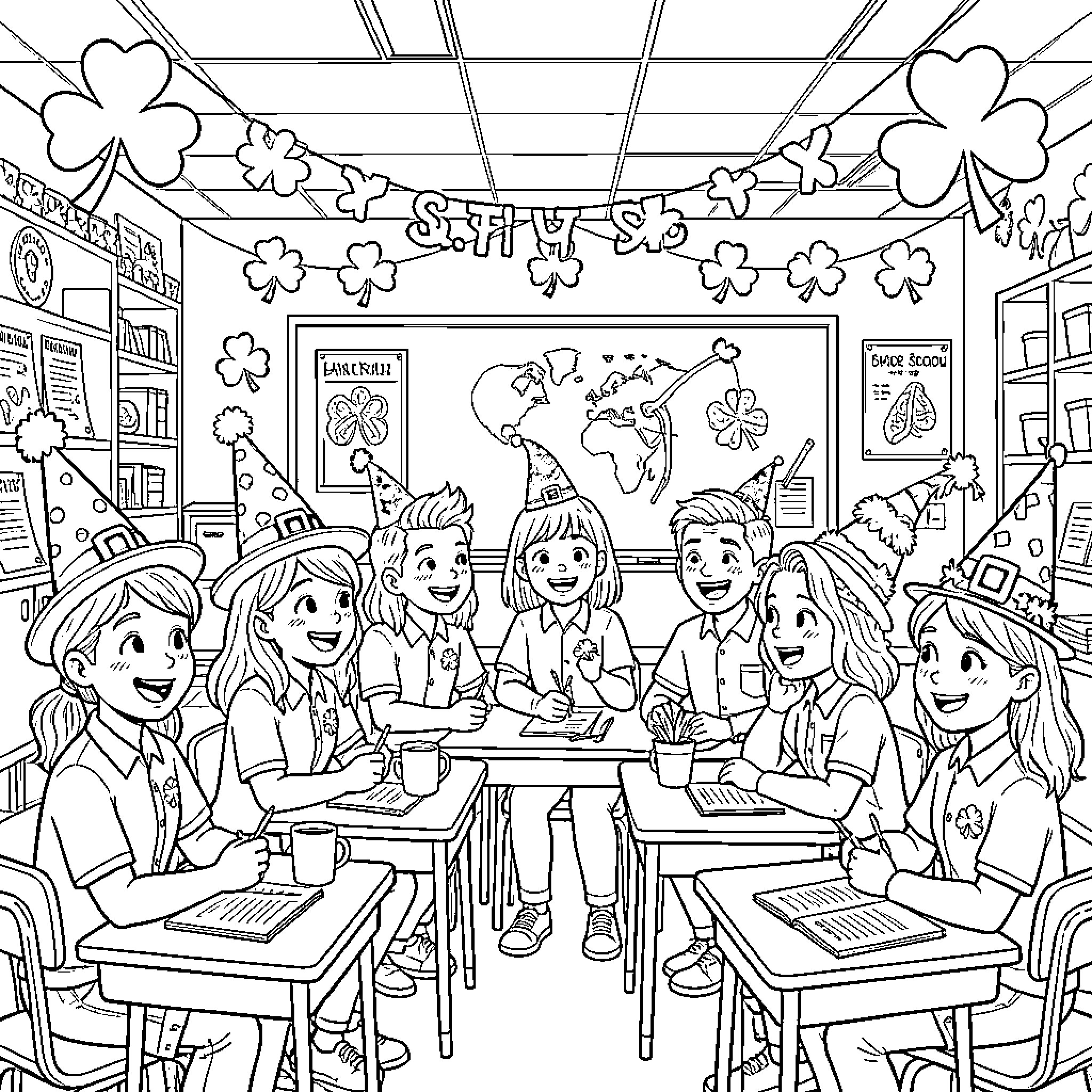 Anatomy of a Joyful Classroom Celebration Coloring Page (free black-and-white line drawing printable PDF for all, from beginners to advanced learners, including children, teens, adults, and seniors)