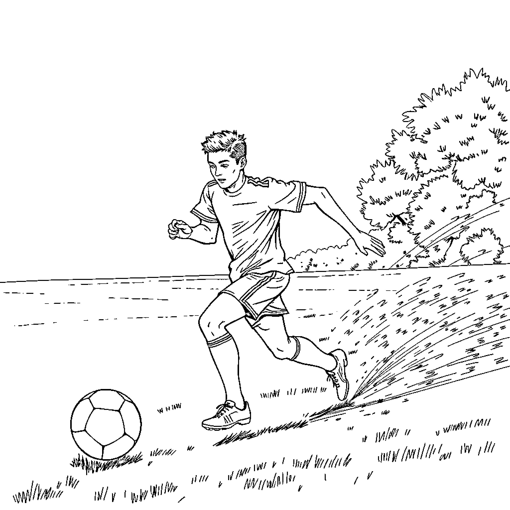 Futbolista kicking soccer ball with passion Coloring Page (free black-and-white line drawing printable PDF for all, from beginners to advanced learners, including children, teens, adults, and seniors)