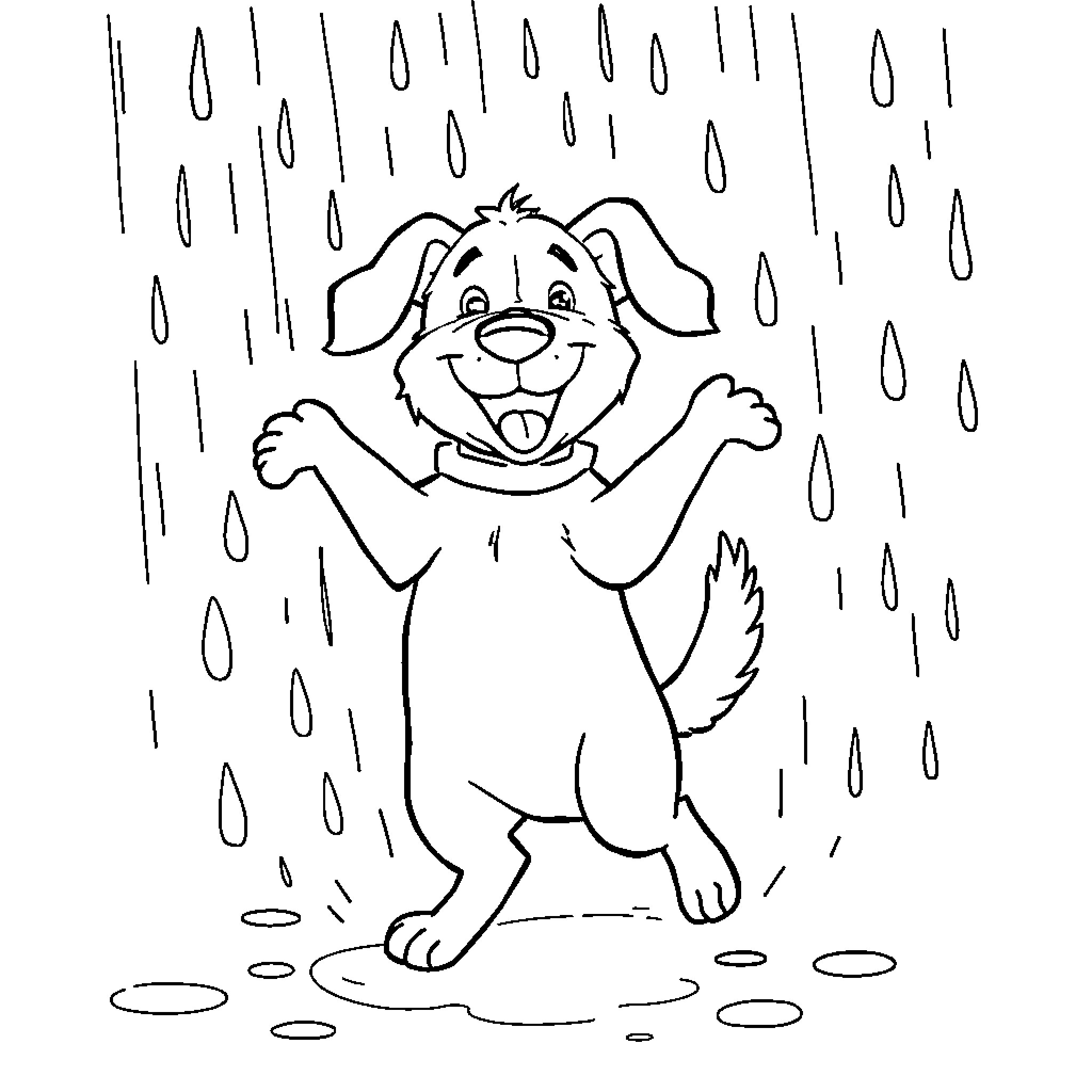 Dog playing happily in the rain Coloring Page (free black-and-white line drawing printable PDF for all, from beginners to advanced learners, including children, teens, adults, and seniors)
