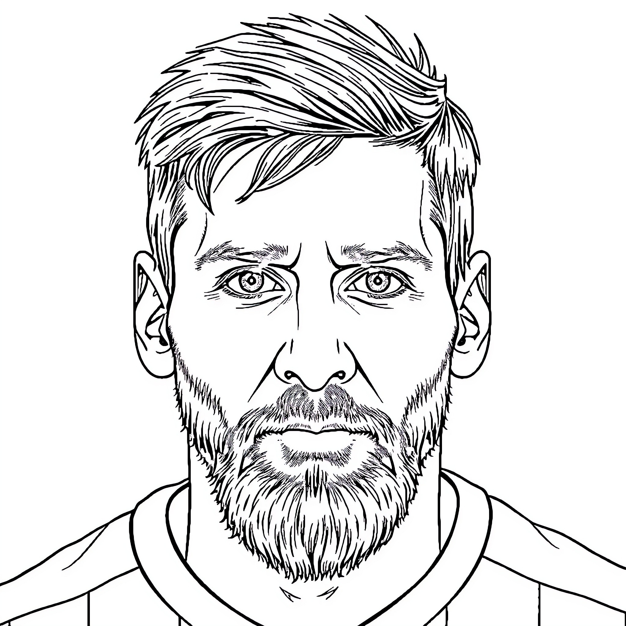 Lionel Messi portrait with focused expression Coloring Page (free black-and-white line drawing printable PDF for all, from beginners to advanced learners, including children, teens, adults, and seniors)