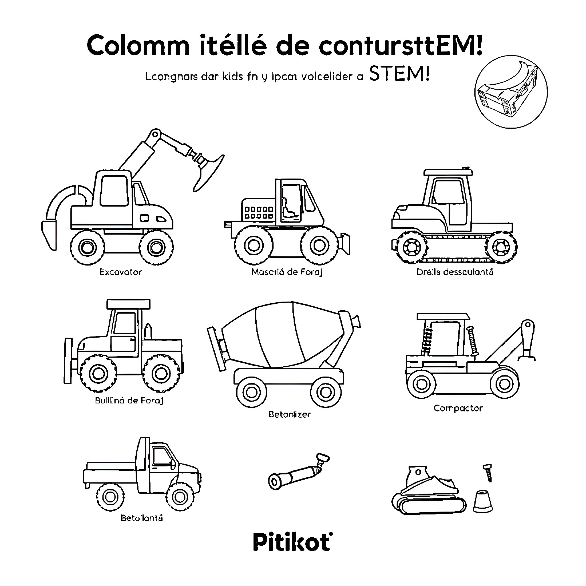 Construction Vehicle Outlines Showcasing STEM Concepts Coloring Page (free black-and-white line drawing printable PDF for all, from beginners to advanced learners, including children, teens, adults, and seniors)