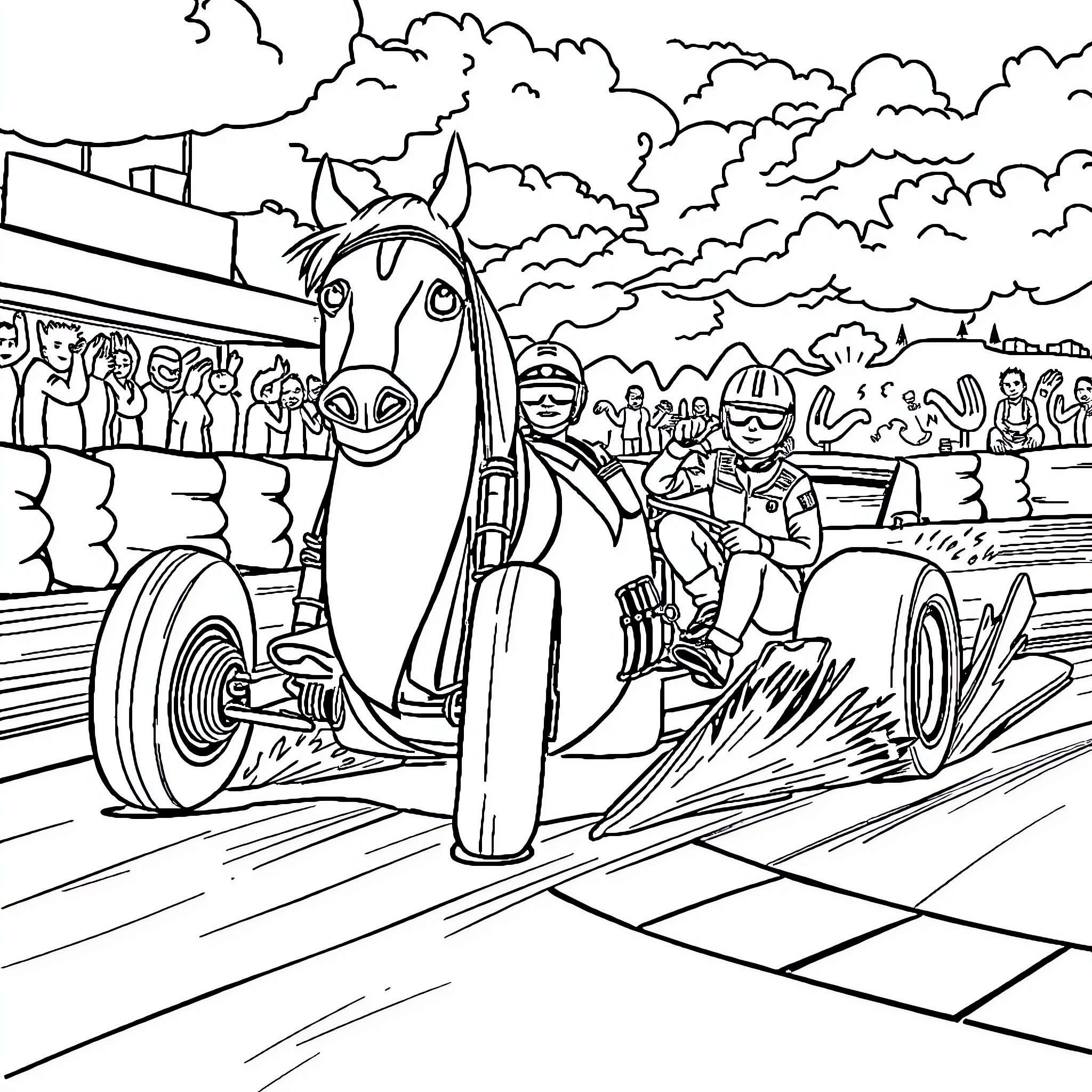 Car racing with jockeys and audience Coloring Page (free black-and-white line drawing printable PDF for all, from beginners to advanced learners, including children, teens, adults, and seniors)
