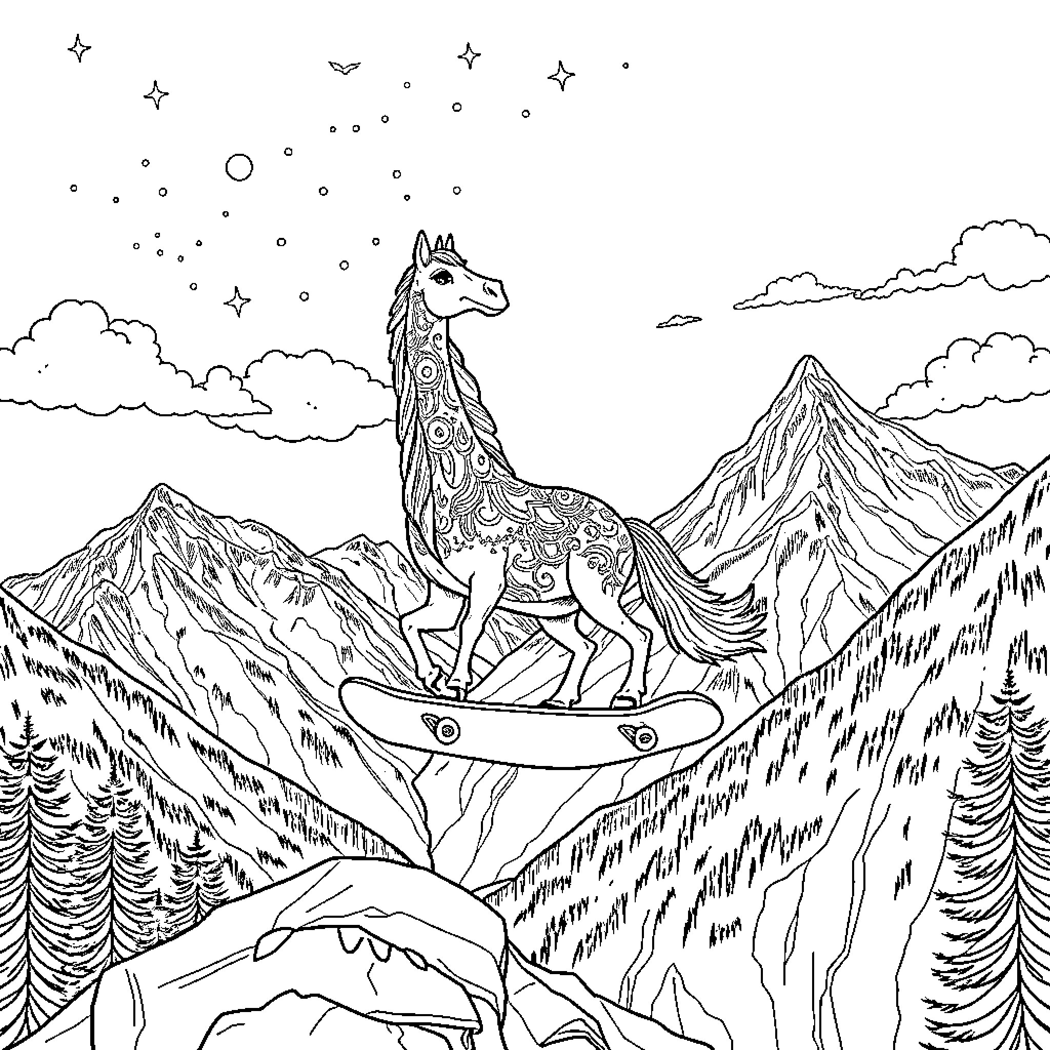 Dromadaire snowboarding through a mountainous landscape Coloring Page (free black-and-white line drawing printable PDF for all, from beginners to advanced learners, including children, teens, adults, and seniors)