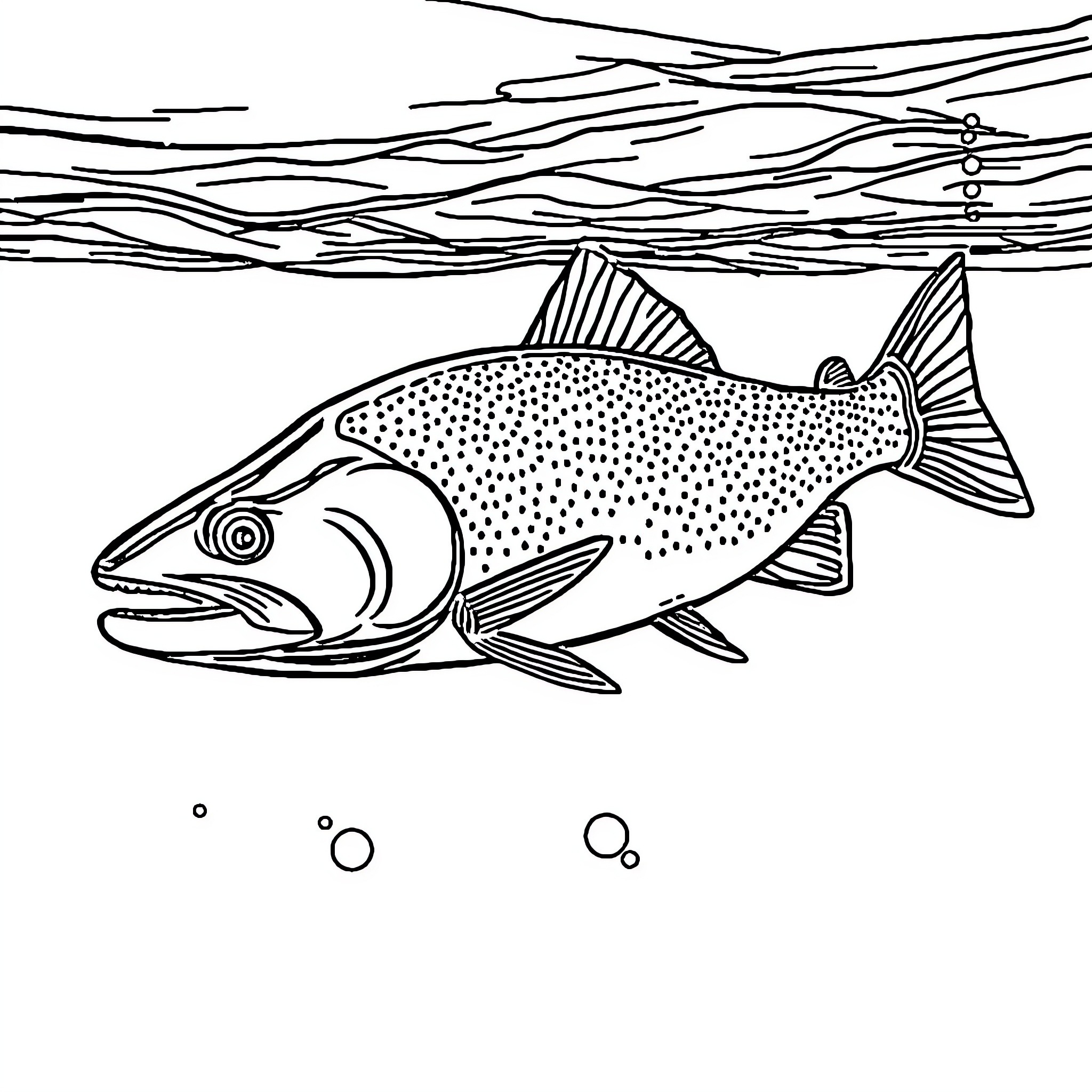 Trout swimming in the underwater scene Coloring Page (free black-and-white line drawing printable PDF for all, from beginners to advanced learners, including children, teens, adults, and seniors)
