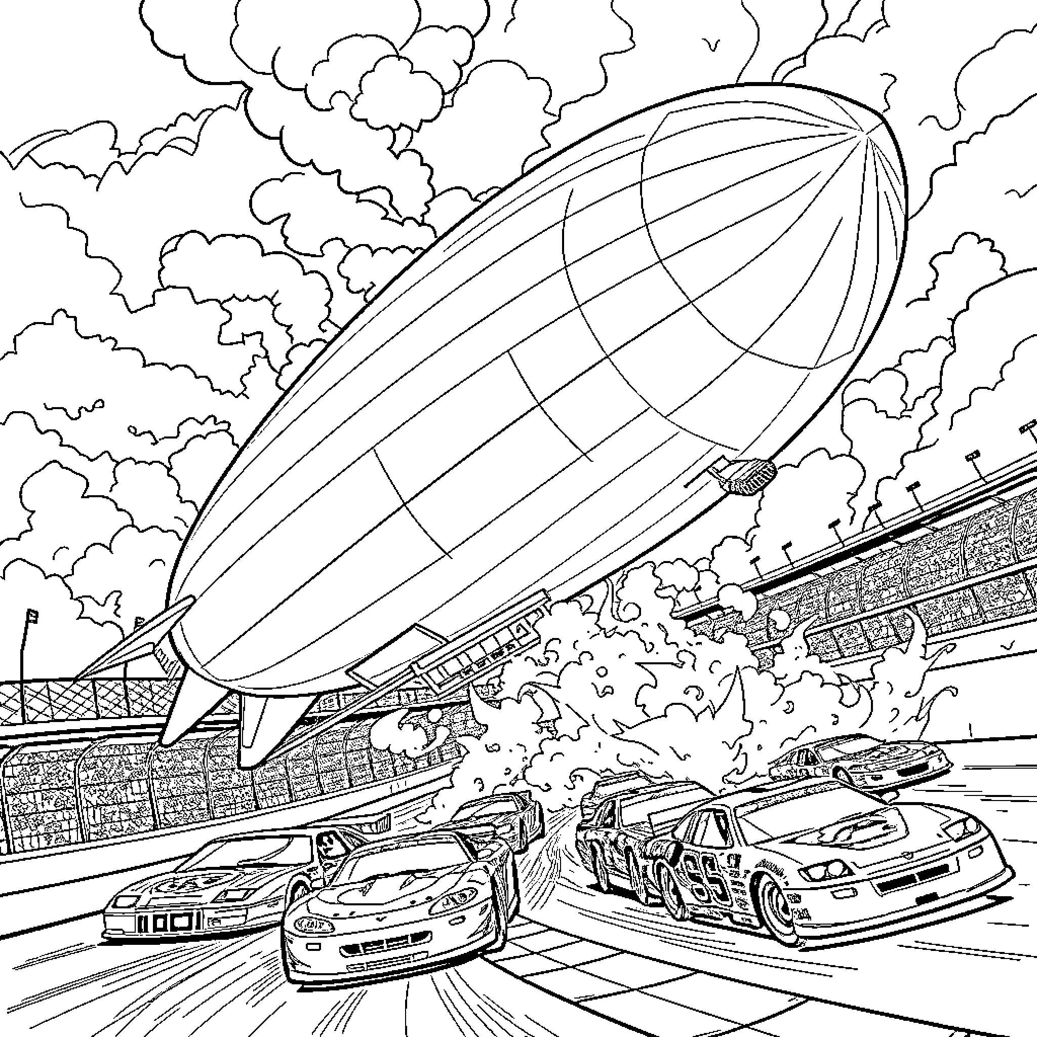 Hindenburg airship disaster with racing cars and destruction Coloring Page (free black-and-white line drawing printable PDF for all, from beginners to advanced learners, including children, teens, adults, and seniors)