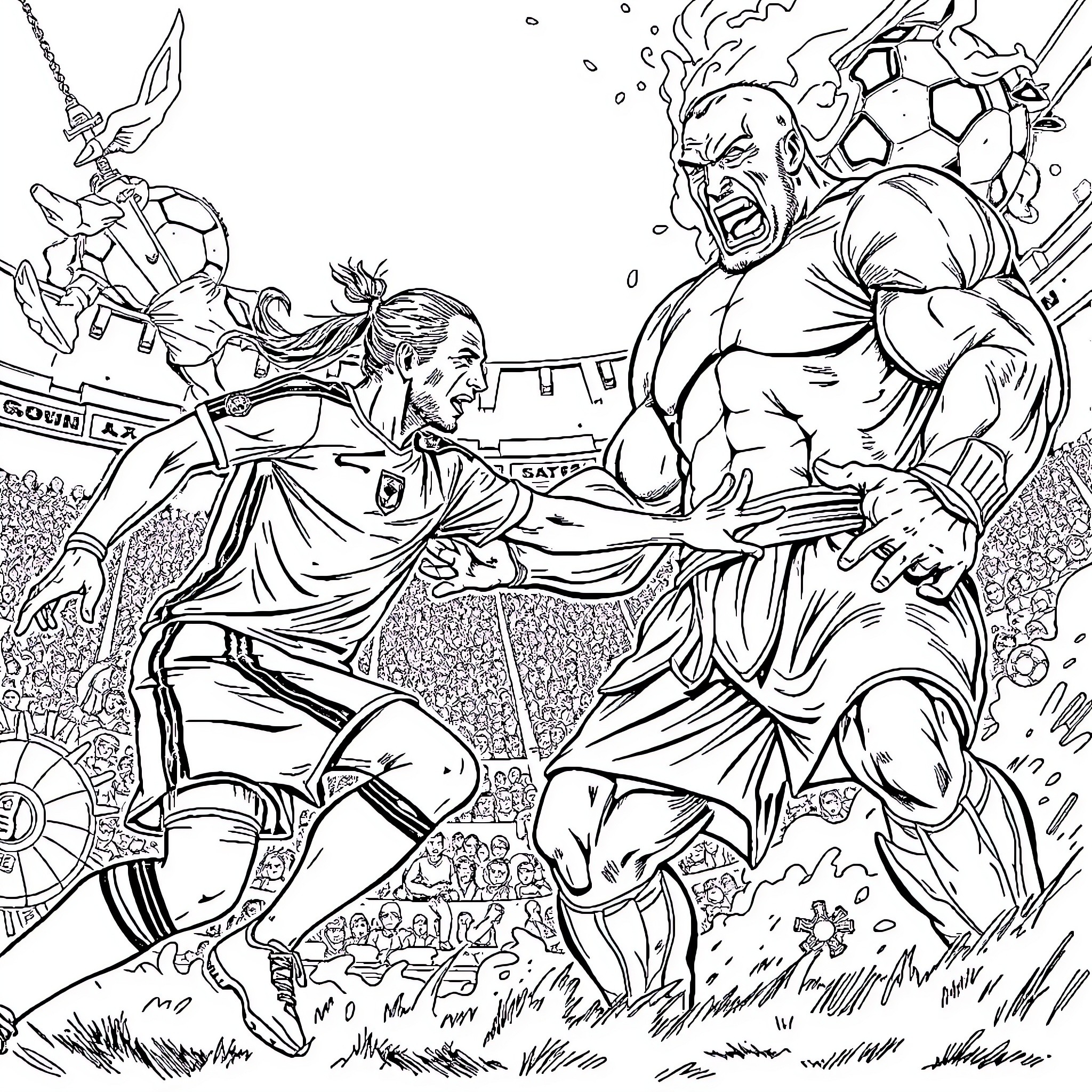 Zlatan Ibrahimovic's heroic battle on the field Coloring Page (free black-and-white line drawing printable PDF for all, from beginners to advanced learners, including children, teens, adults, and seniors)