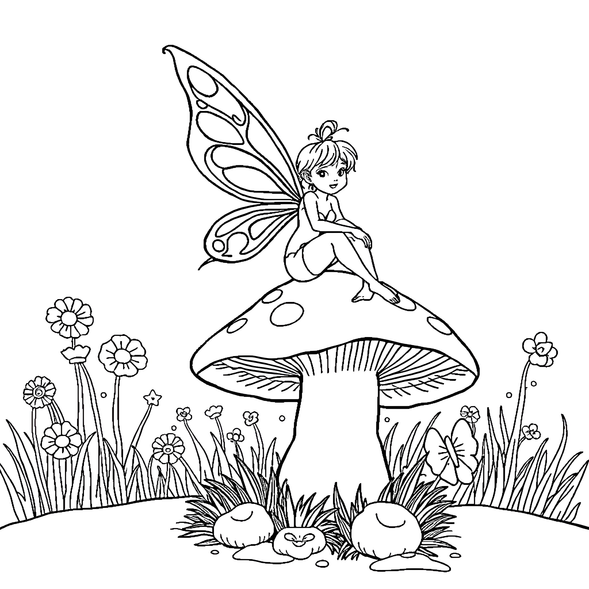 Mushroom fairy exploring the enchanted forest Coloring Page (free black-and-white line drawing printable PDF for all, from beginners to advanced learners, including children, teens, adults, and seniors)