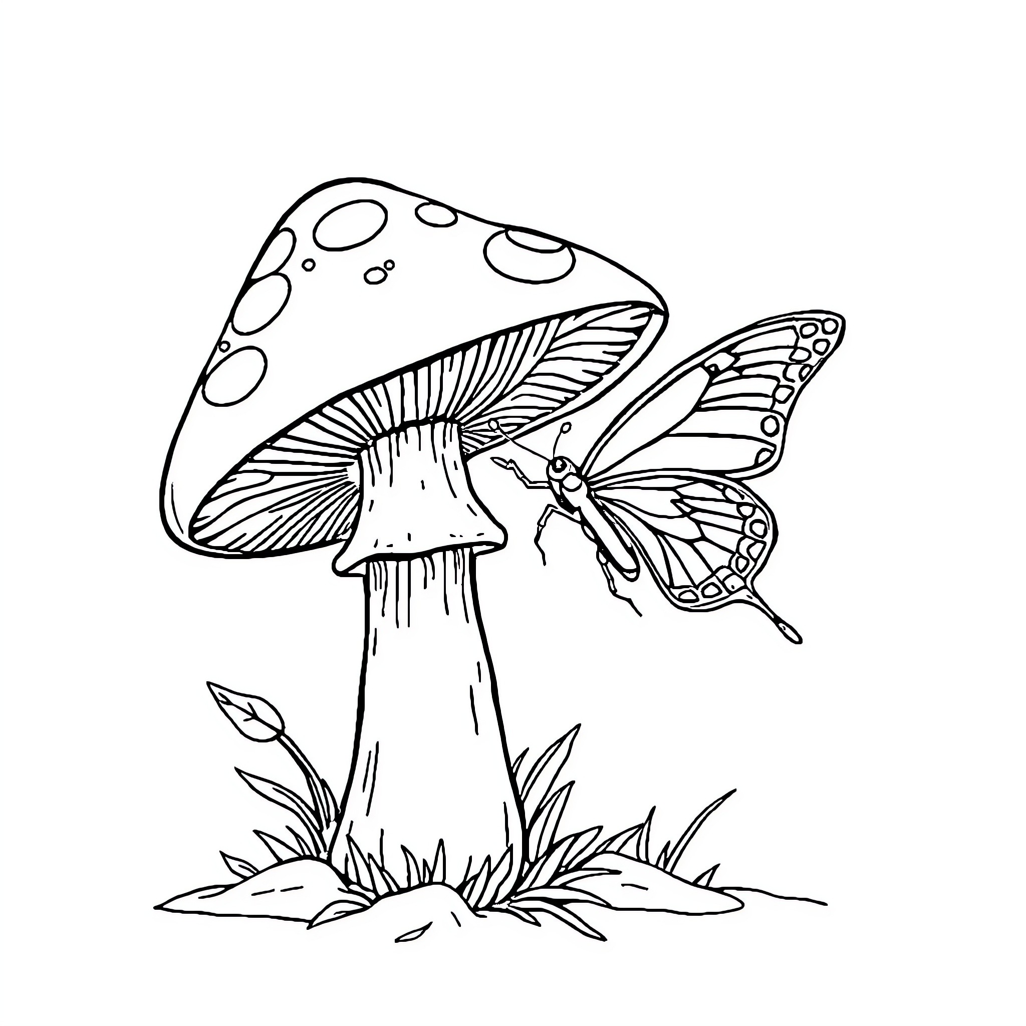 Mushroom and butterfly in the forest Coloring Page (free black-and-white line drawing printable PDF for all, from beginners to advanced learners, including children, teens, adults, and seniors)