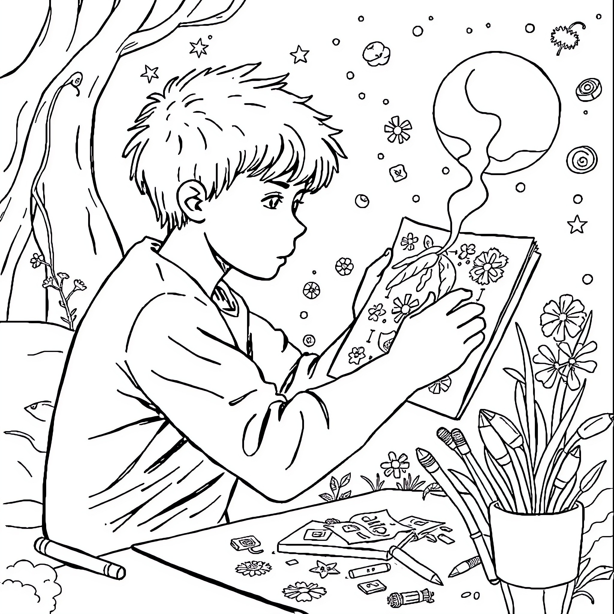 Autism: Boy Engrossed in Imagination with Nature Motifs Coloring Page (free black-and-white line drawing printable PDF for all, from beginners to advanced learners, including children, teens, adults, and seniors)