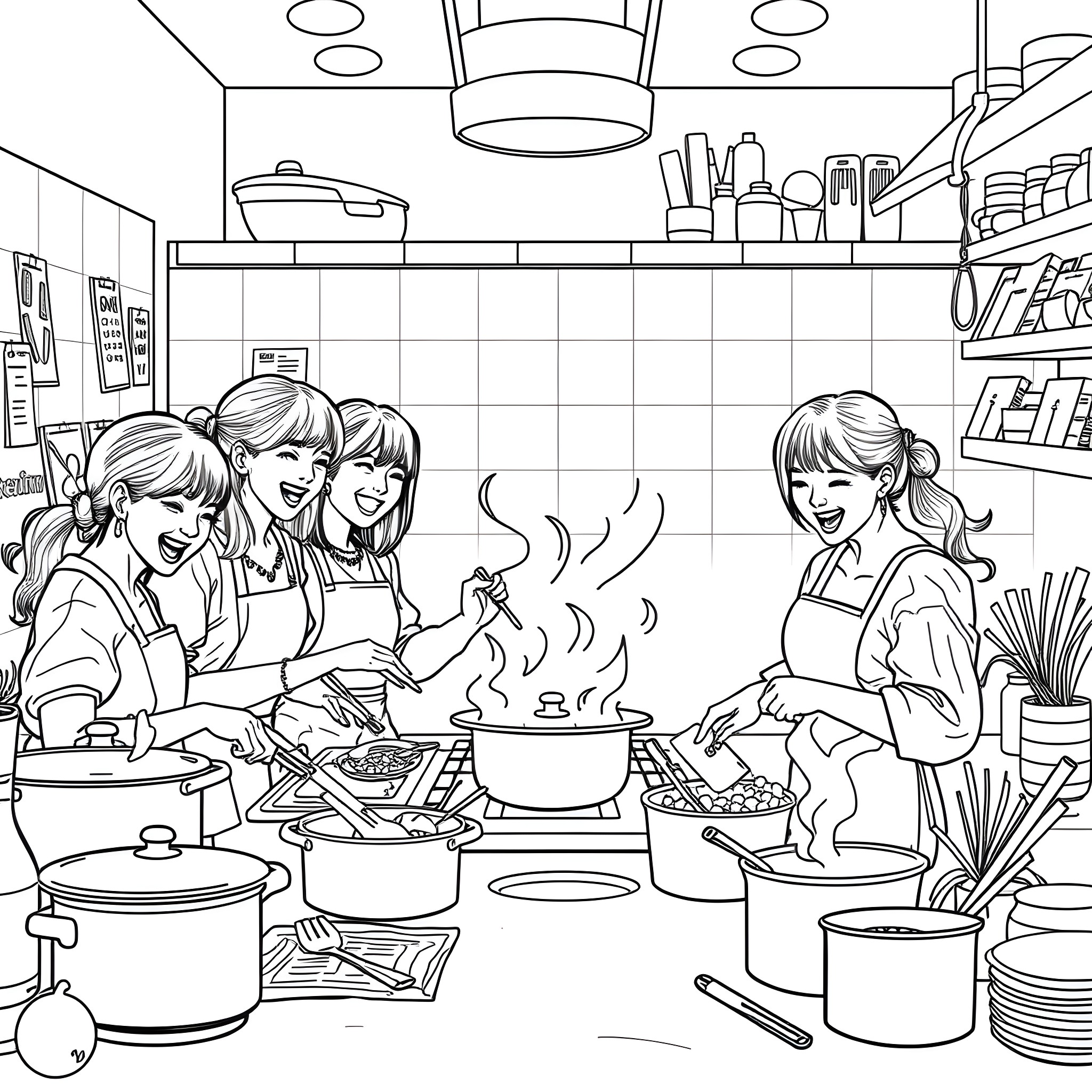 K-Pop Band Cooking Together in the Kitchen Coloring Page (free black-and-white line drawing printable PDF for all, from beginners to advanced learners, including children, teens, adults, and seniors)