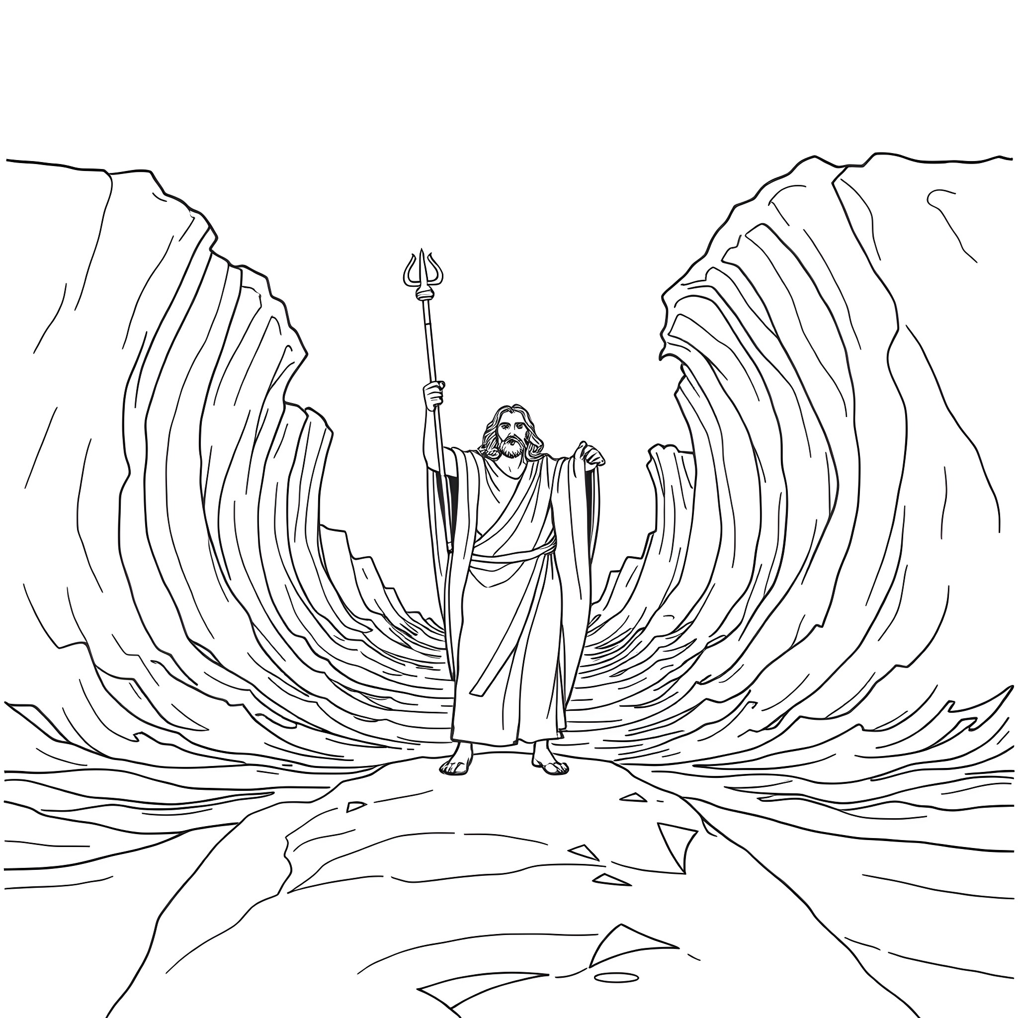 Moses Parts the Seas with His Mighty Staff Coloring Page (free black-and-white line drawing printable PDF for all, from beginners to advanced learners, including children, teens, adults, and seniors)