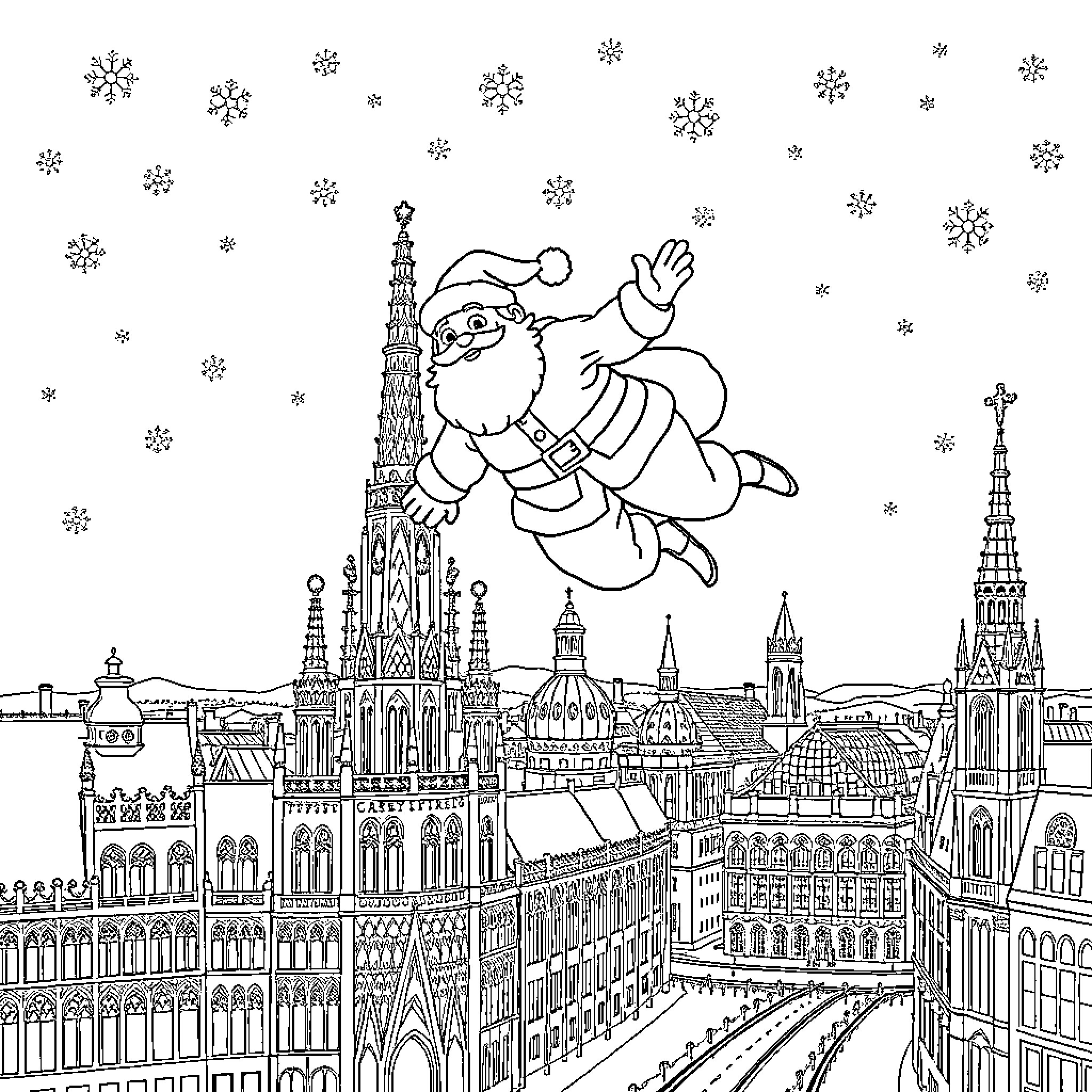 Santa Claus soaring over a winter wonderland city Coloring Page (free black-and-white line drawing printable PDF for all, from beginners to advanced learners, including children, teens, adults, and seniors)