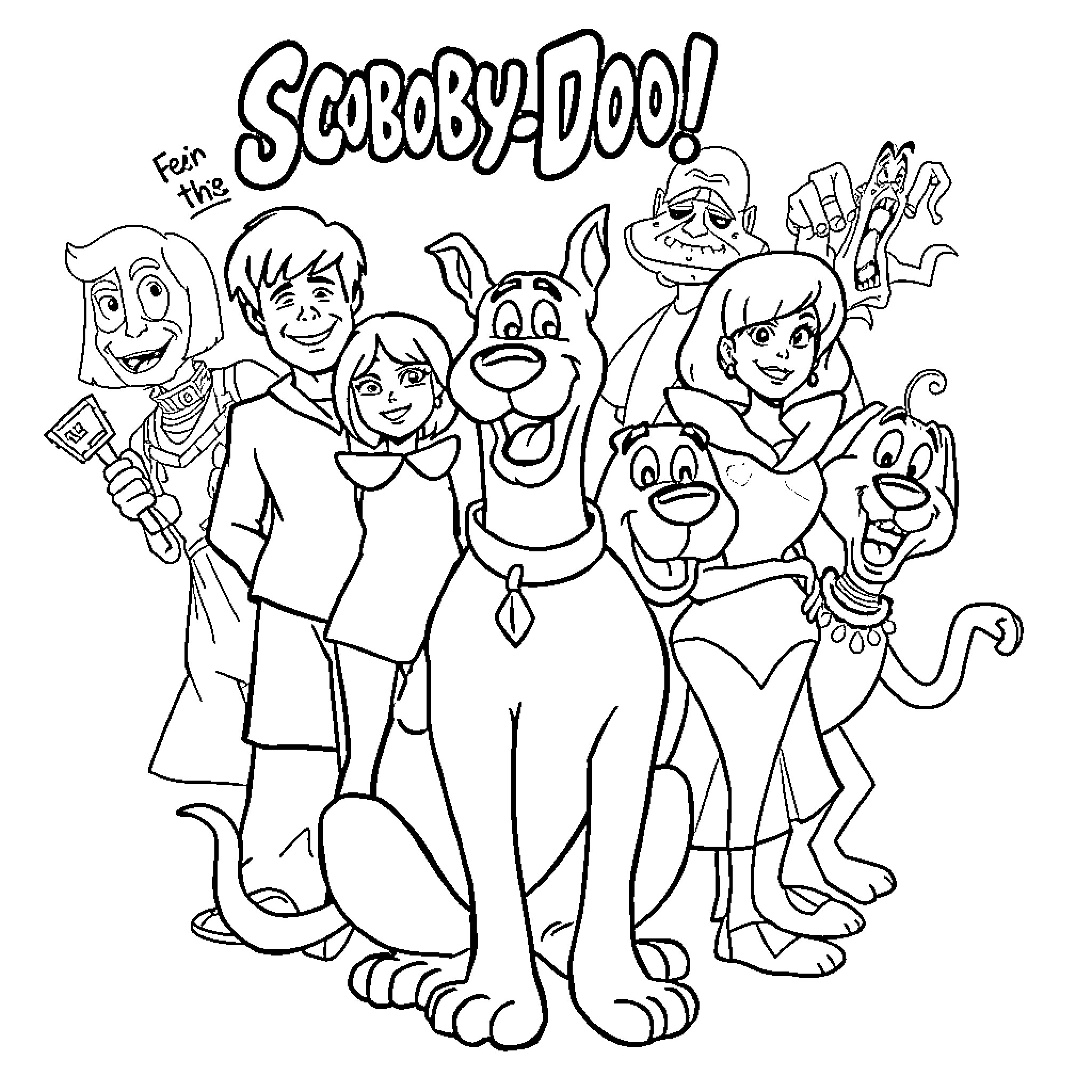 Scooby-Doo and the Mystery Gang Adventure Coloring Page (free black-and-white line drawing printable PDF for all, from beginners to advanced learners, including children, teens, adults, and seniors)