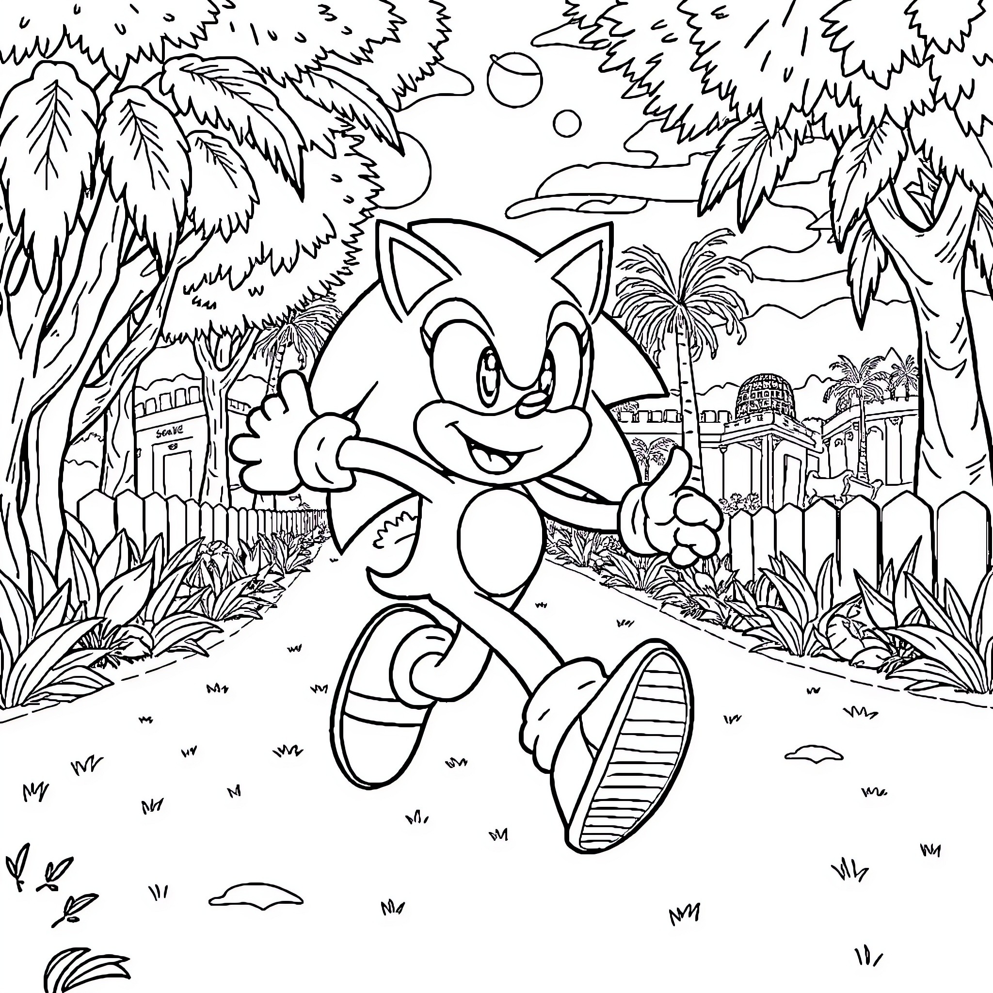 Sonic Exploring Tropical Jungle Landscape Coloring Page (free black-and-white line drawing printable PDF for all, from beginners to advanced learners, including children, teens, adults, and seniors)