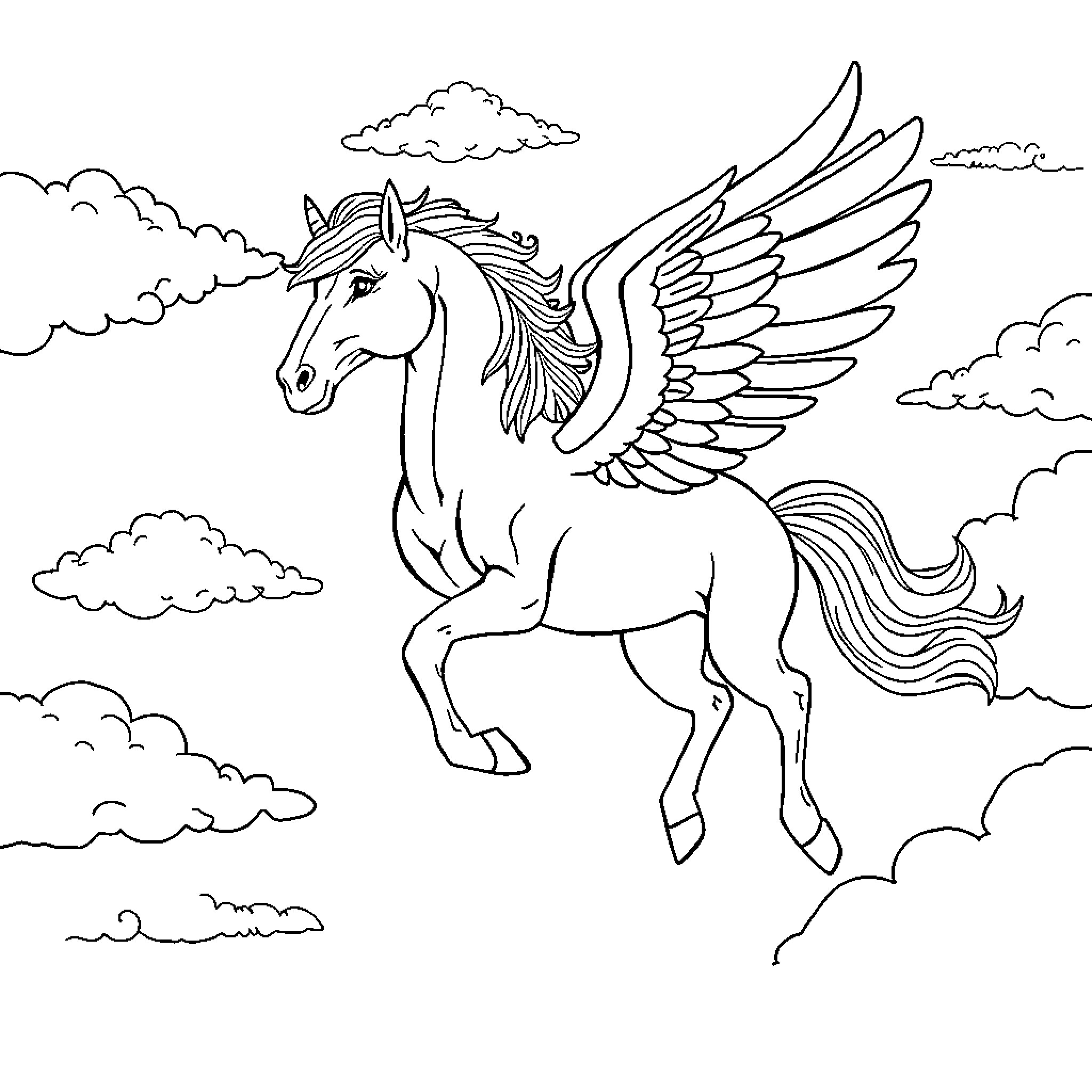 Pegasus soaring through the cloudy skies Coloring Page (free black-and-white line drawing printable PDF for all, from beginners to advanced learners, including children, teens, adults, and seniors)