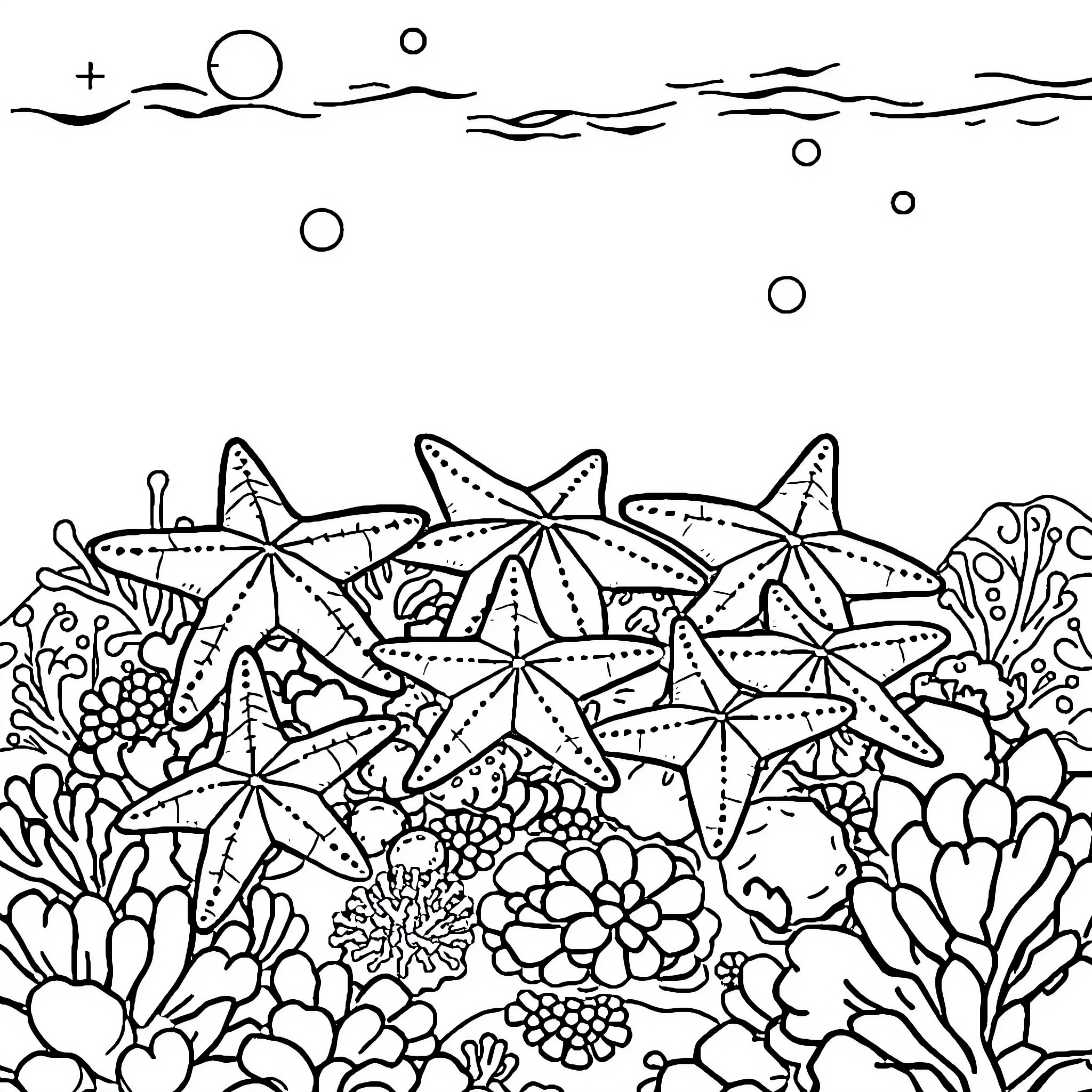 Sea Star Gathering in the Underwater Garden Coloring Page (free black-and-white line drawing printable PDF for all, from beginners to advanced learners, including children, teens, adults, and seniors)