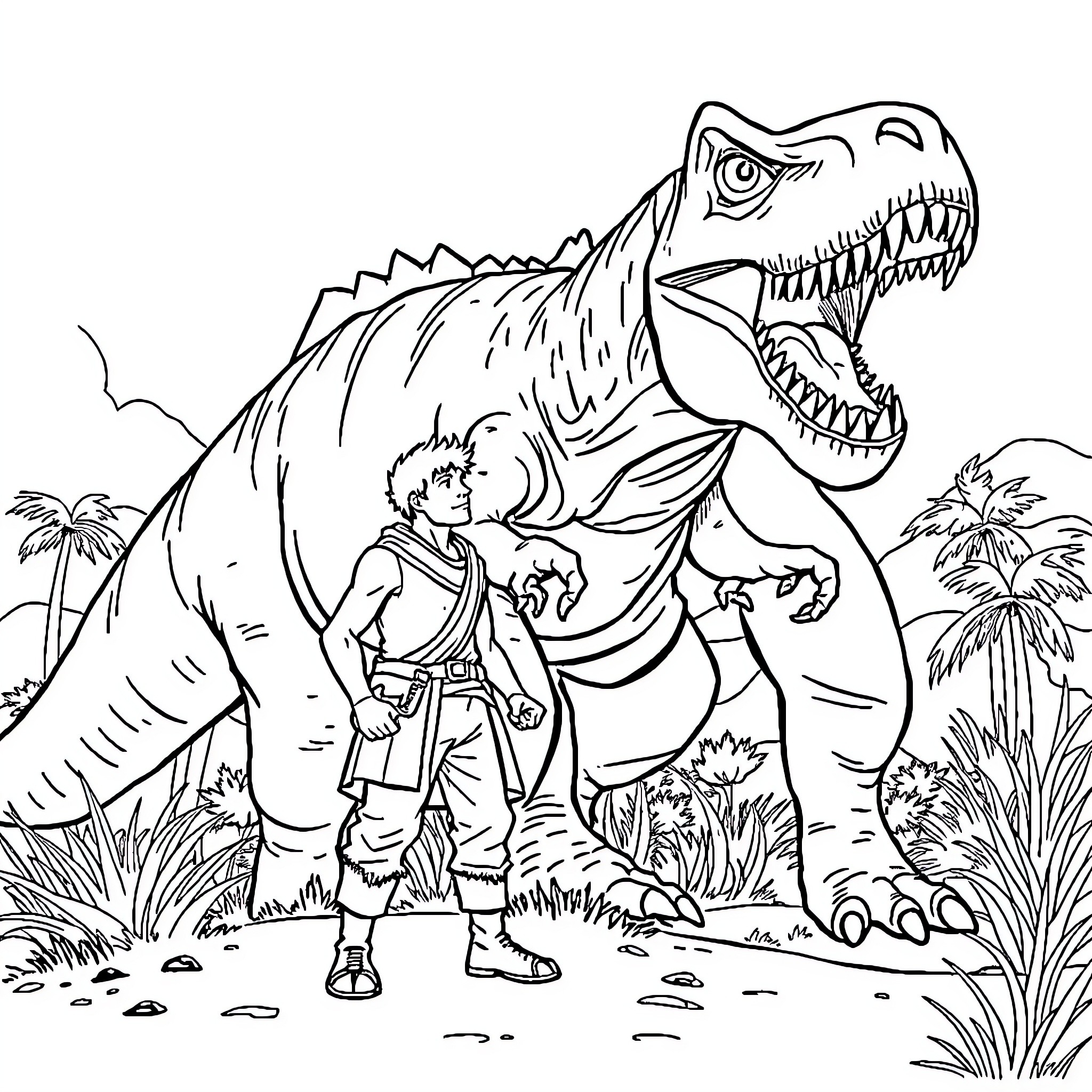 Human exploring the prehistoric world with a dinosaur Coloring Page (free black-and-white line drawing printable PDF for all, from beginners to advanced learners, including children, teens, adults, and seniors)