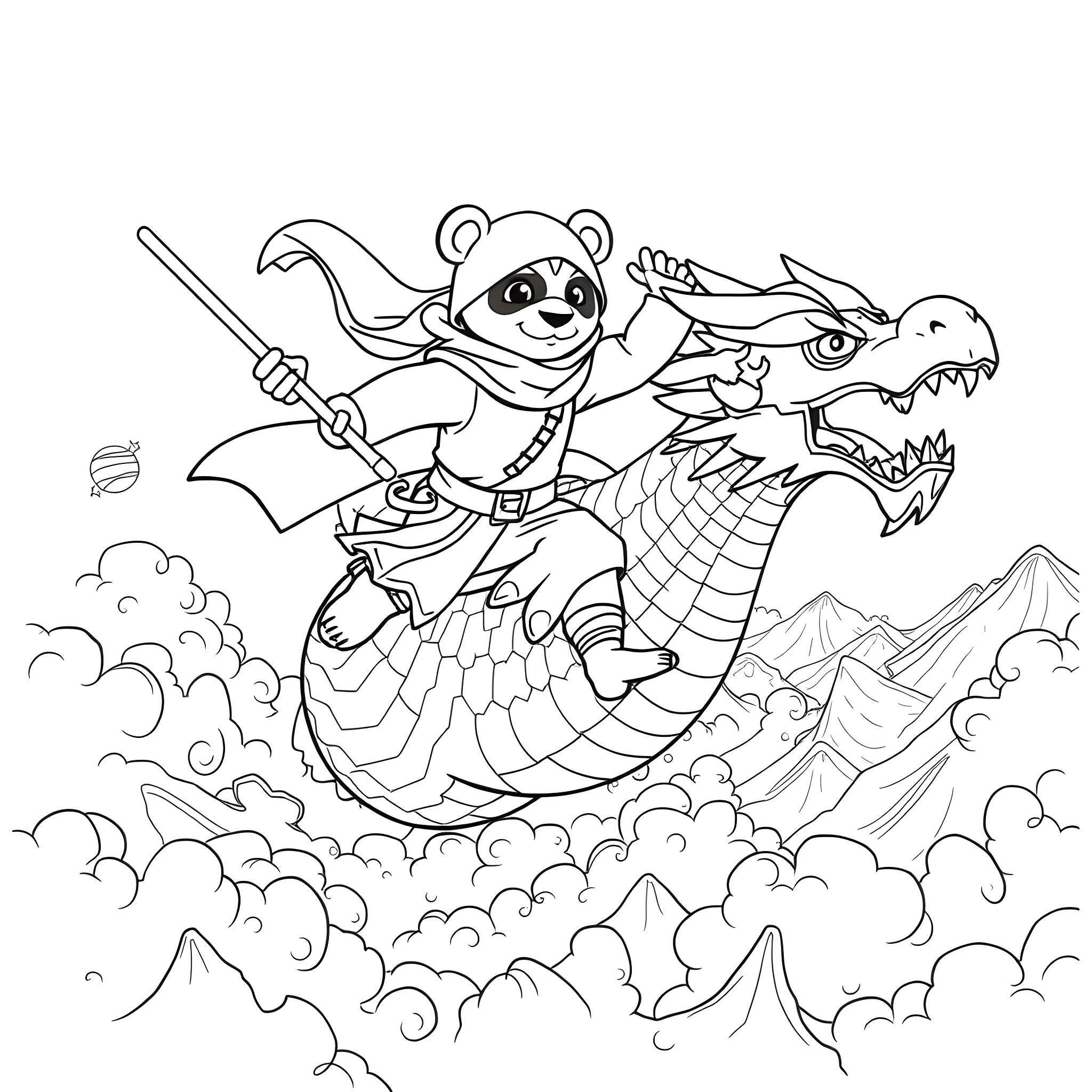 Panda Warrior Riding a Fierce Dragon Coloring Page (free black-and-white line drawing printable PDF for all, from beginners to advanced learners, including children, teens, adults, and seniors)