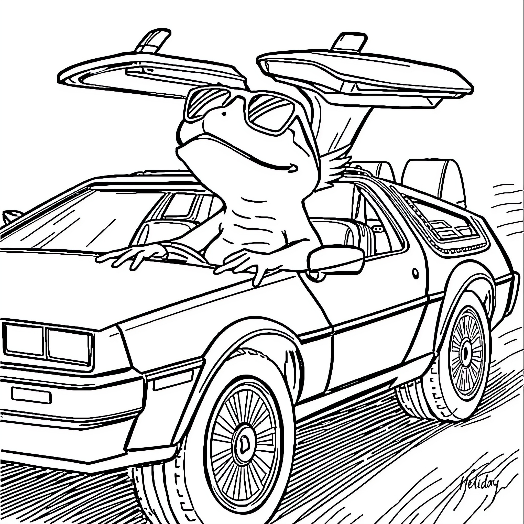 Frog riding in futuristic car Coloring Page (free black-and-white line drawing printable PDF for all, from beginners to advanced learners, including children, teens, adults, and seniors)