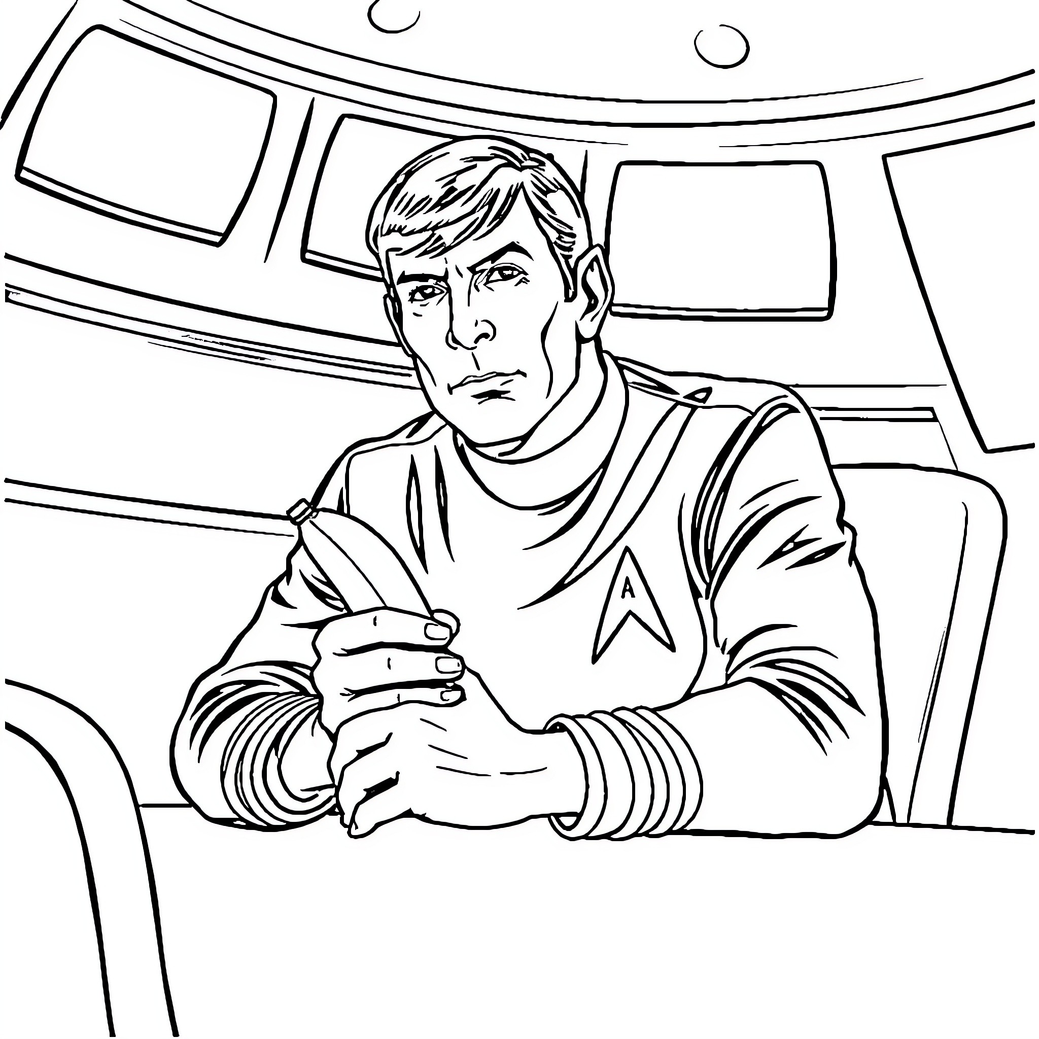 Captain Kirk contemplates in the Enterprise Coloring Page (free black-and-white line drawing printable PDF for all, from beginners to advanced learners, including children, teens, adults, and seniors)