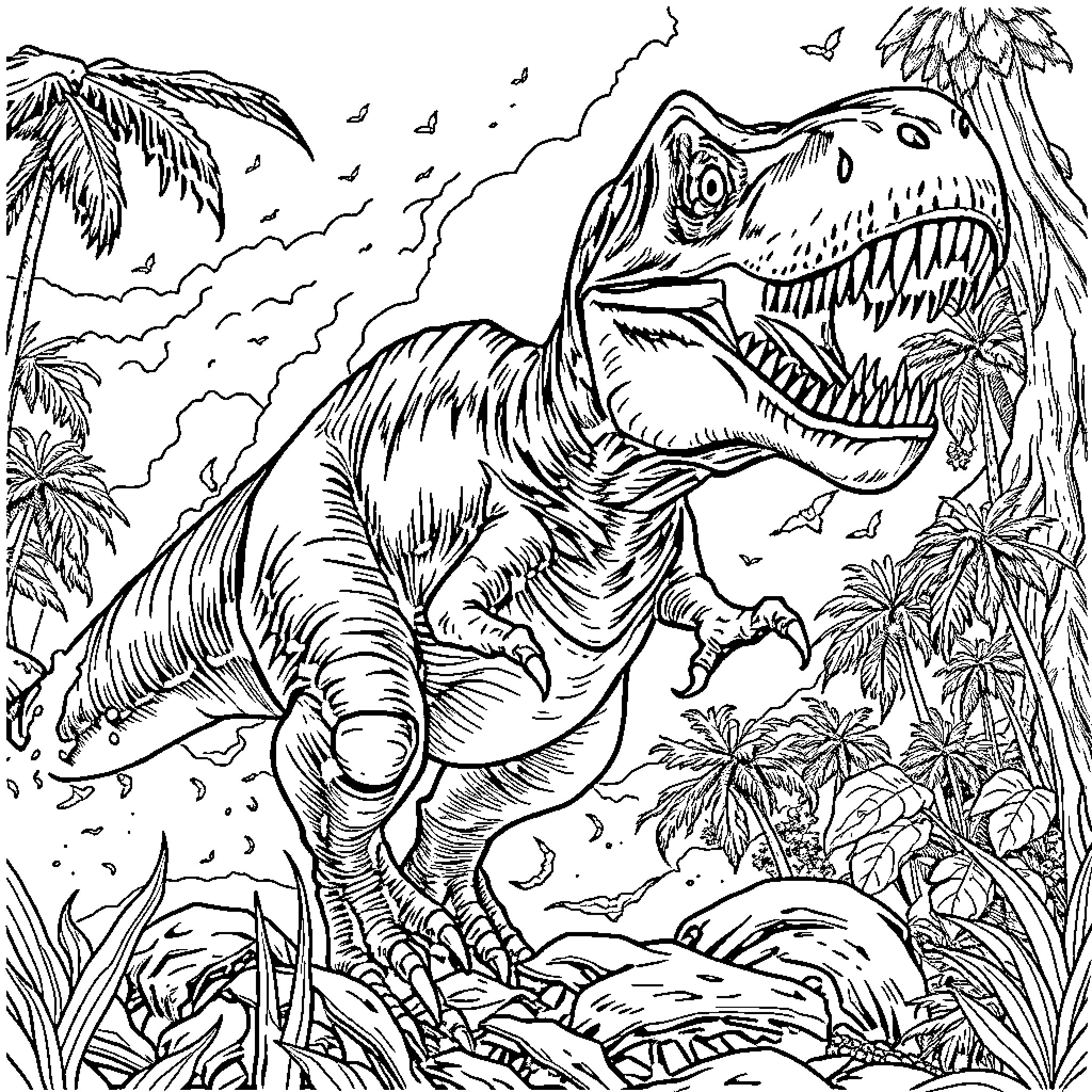 Indoraptor Stalking in the Prehistoric Landscape Coloring Page (free black-and-white line drawing printable PDF for all, from beginners to advanced learners, including children, teens, adults, and seniors)