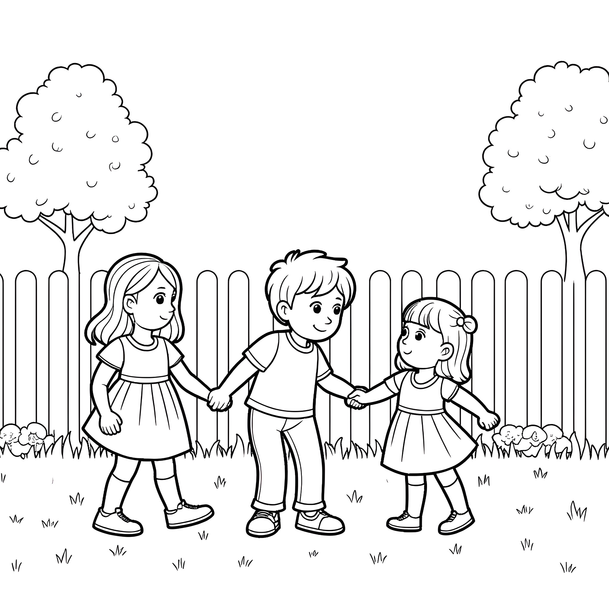 Boy and girls playing together in nature Coloring Page (free black-and-white line drawing printable PDF for all, from beginners to advanced learners, including children, teens, adults, and seniors)