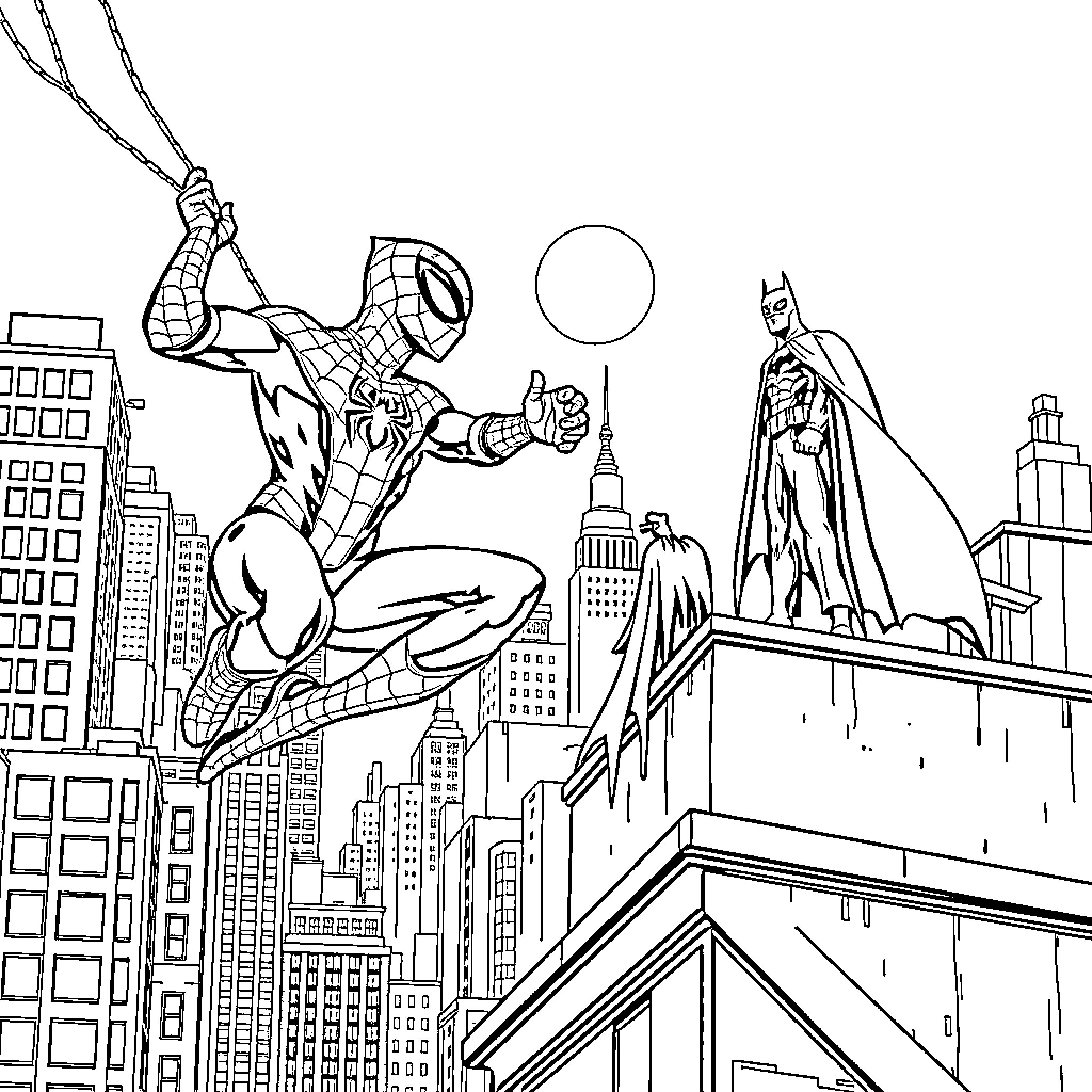 Spiderman swinging through the city with Batman Coloring Page (free black-and-white line drawing printable PDF for all, from beginners to advanced learners, including children, teens, adults, and seniors)
