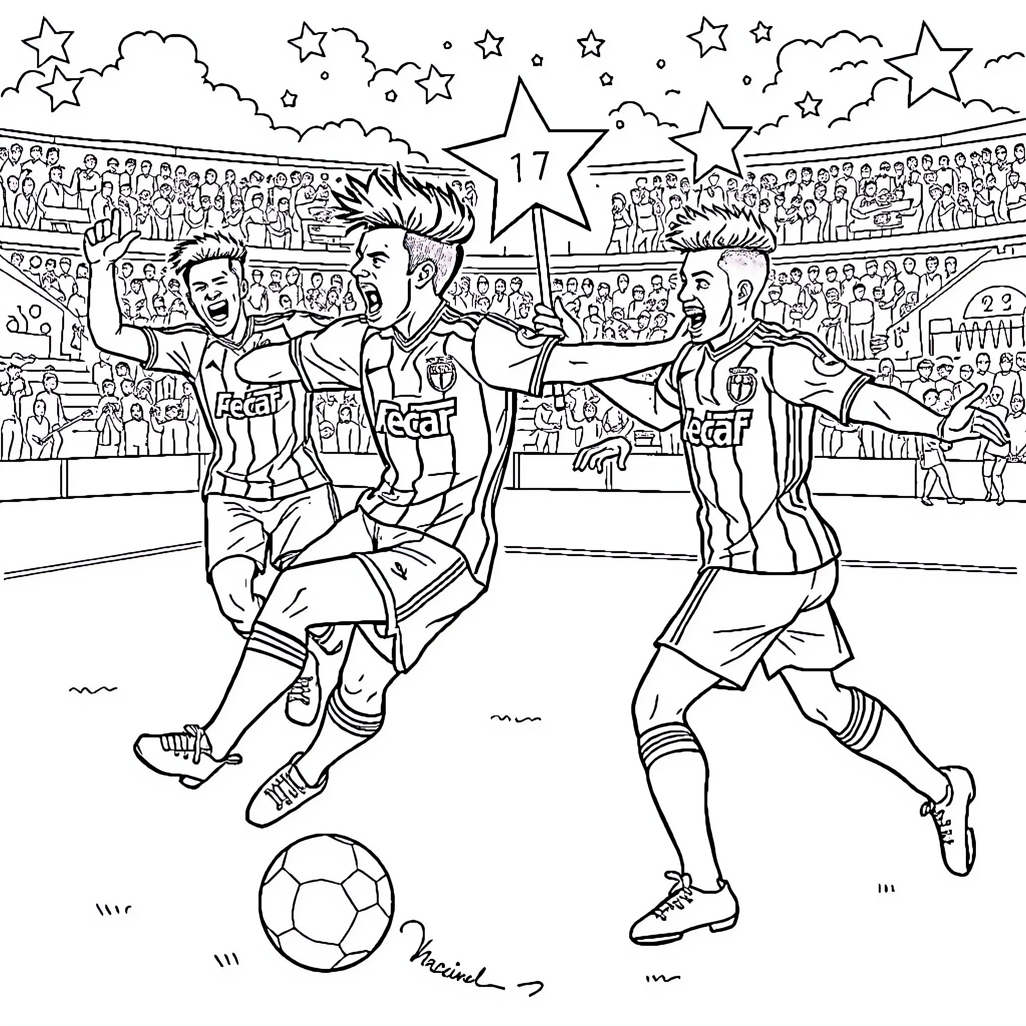 Millonarios FC players in action on the field Coloring Page (free black-and-white line drawing printable PDF for all, from beginners to advanced learners, including children, teens, adults, and seniors)