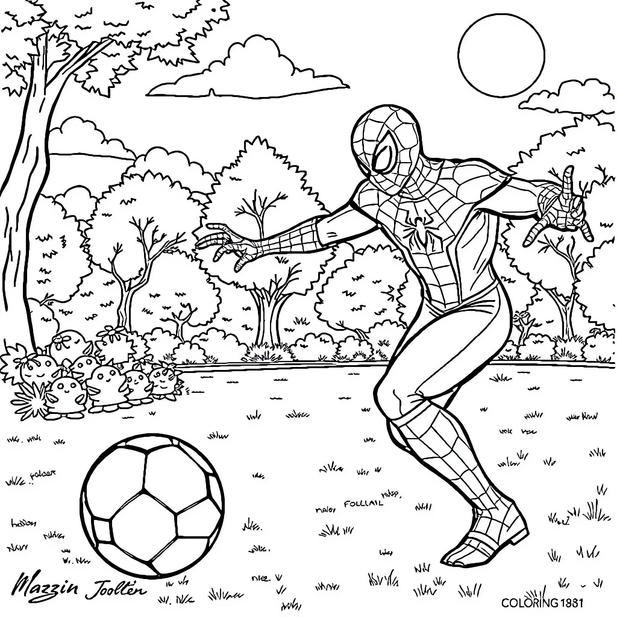 Spider-Man playing with soccer ball in nature Coloring Page (free black-and-white line drawing printable PDF for all, from beginners to advanced learners, including children, teens, adults, and seniors)