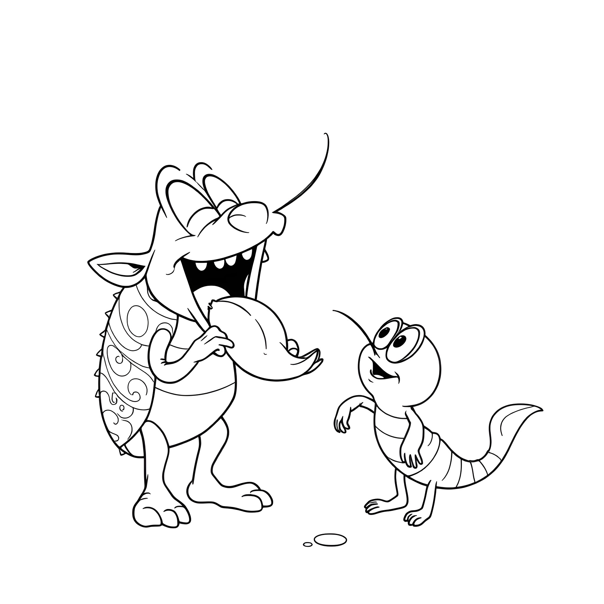 Dandy Creatures in Comical Encounter Coloring Page (free black-and-white line drawing printable PDF for all, from beginners to advanced learners, including children, teens, adults, and seniors)
