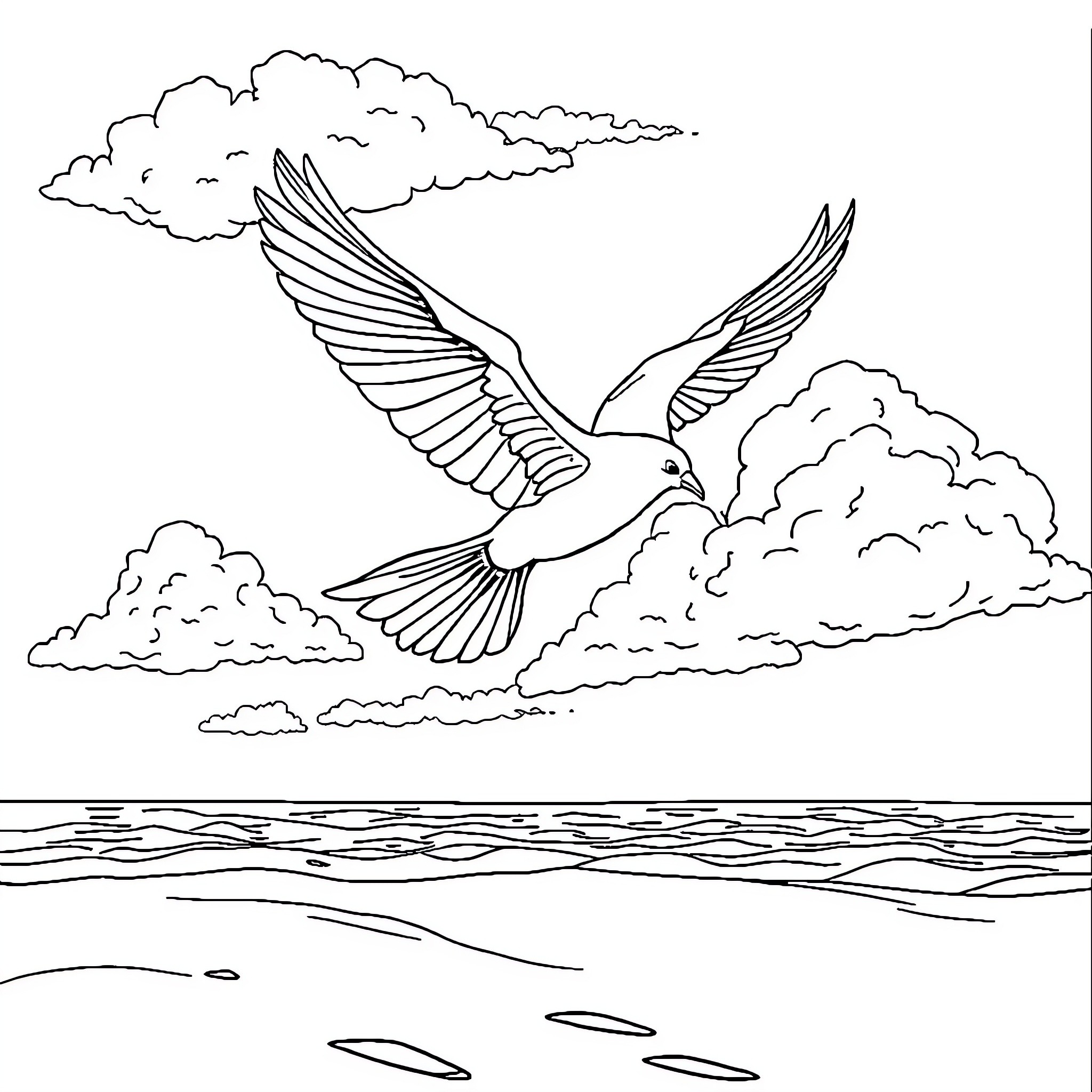 Sky bird soaring freely through clouds Coloring Page (free black-and-white line drawing printable PDF for all, from beginners to advanced learners, including children, teens, adults, and seniors)
