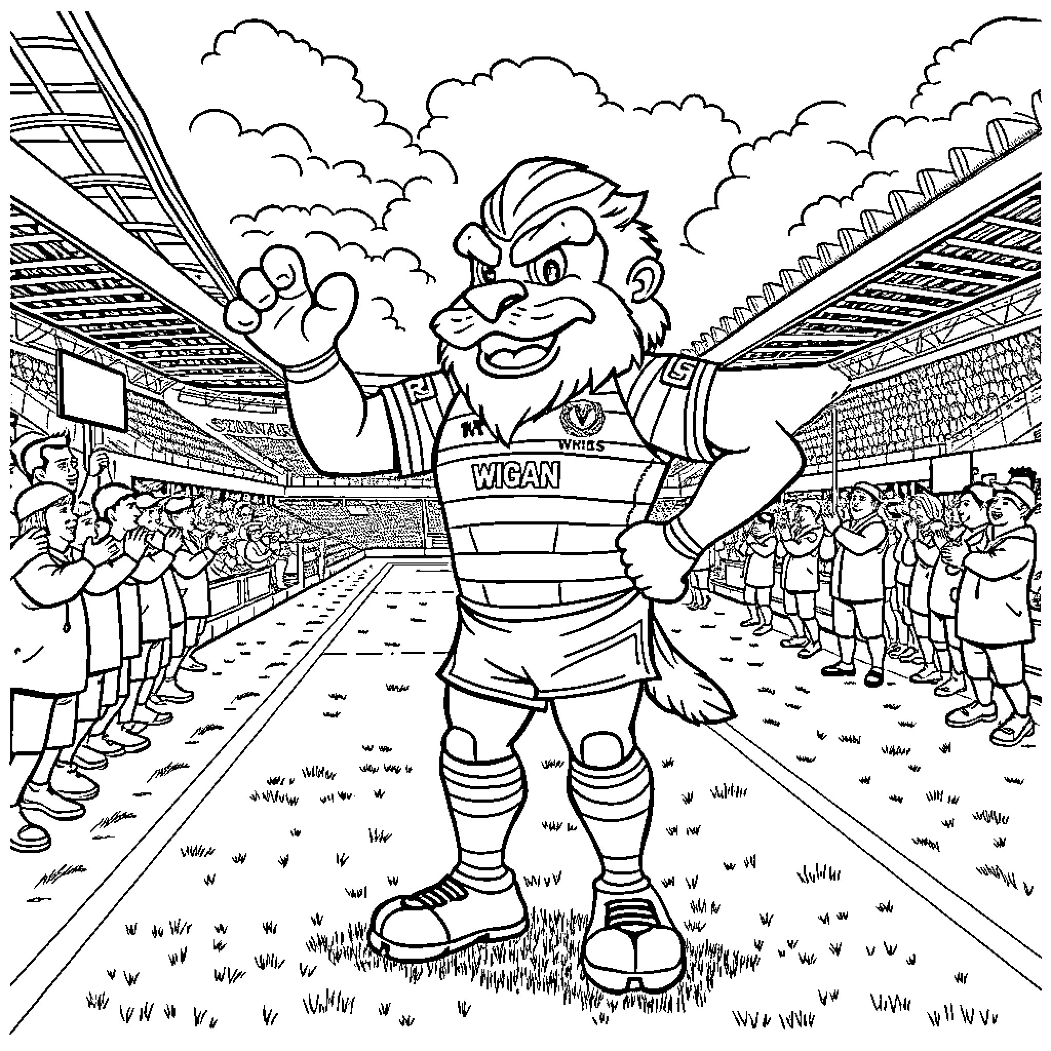 Mascot cheering enthusiastically in a sports stadium Coloring Page (free black-and-white line drawing printable PDF for all, from beginners to advanced learners, including children, teens, adults, and seniors)