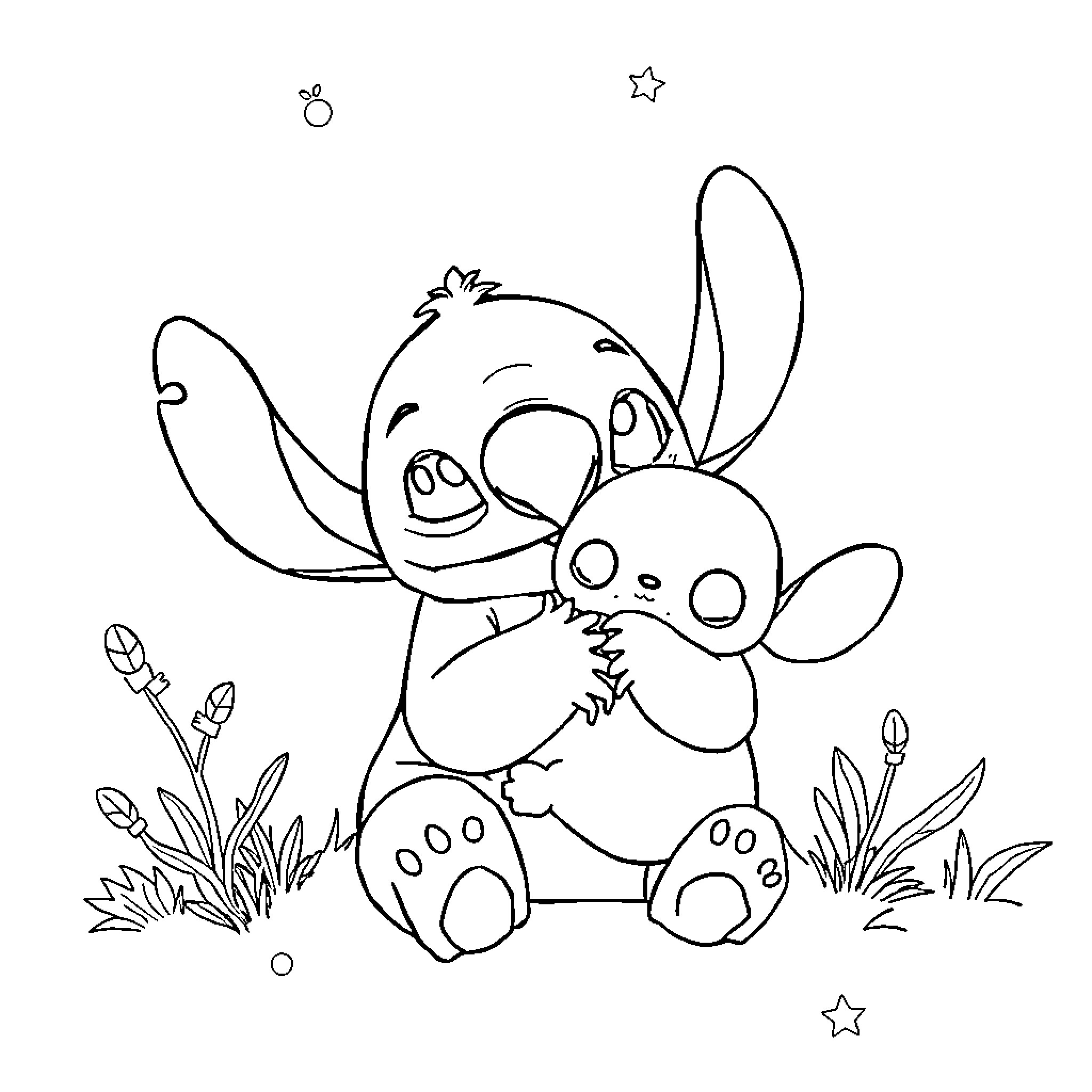 Stitch cuddling a plush toy in nature Coloring Page (free black-and-white line drawing printable PDF for all, from beginners to advanced learners, including children, teens, adults, and seniors)
