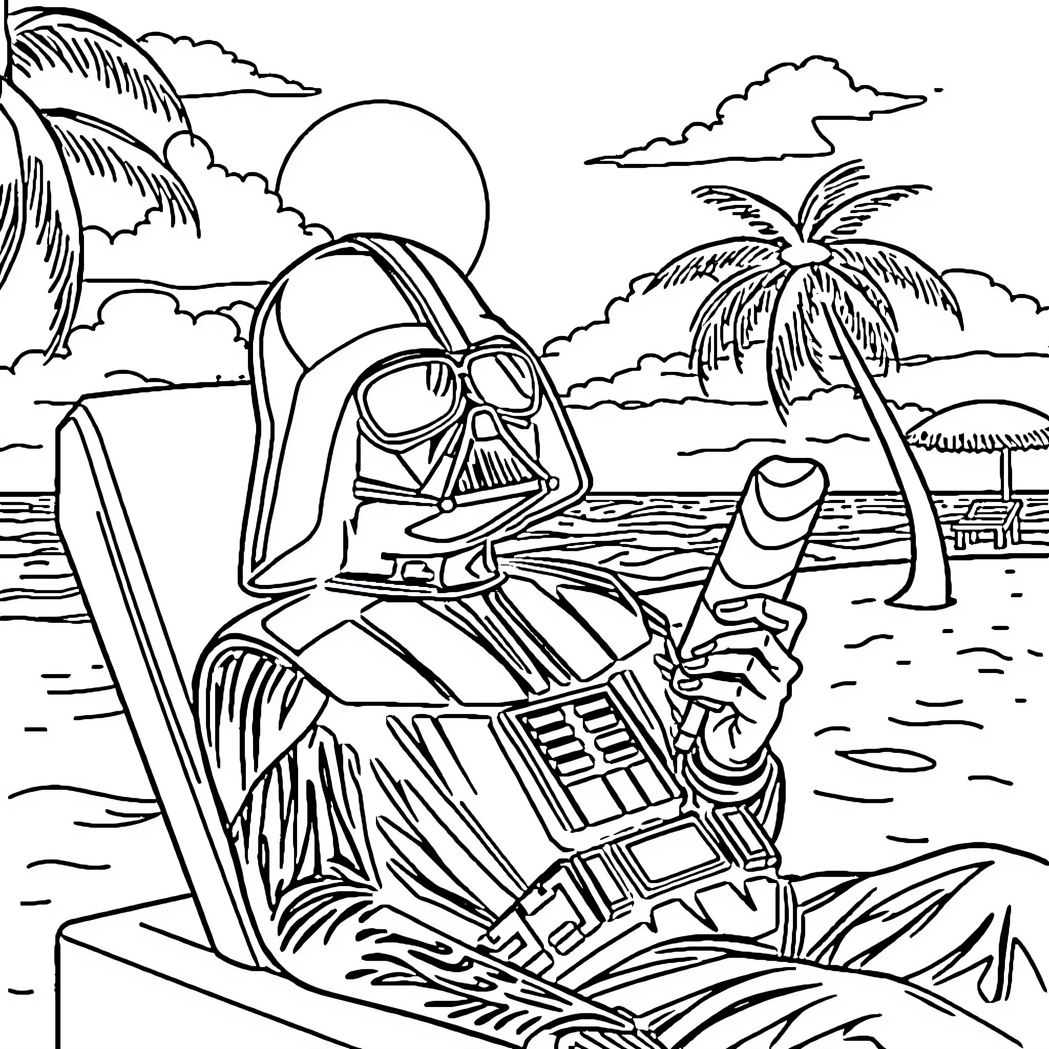 Darth Vader relaxing on a tropical beach Coloring Page (free black-and-white line drawing printable PDF for all, from beginners to advanced learners, including children, teens, adults, and seniors)