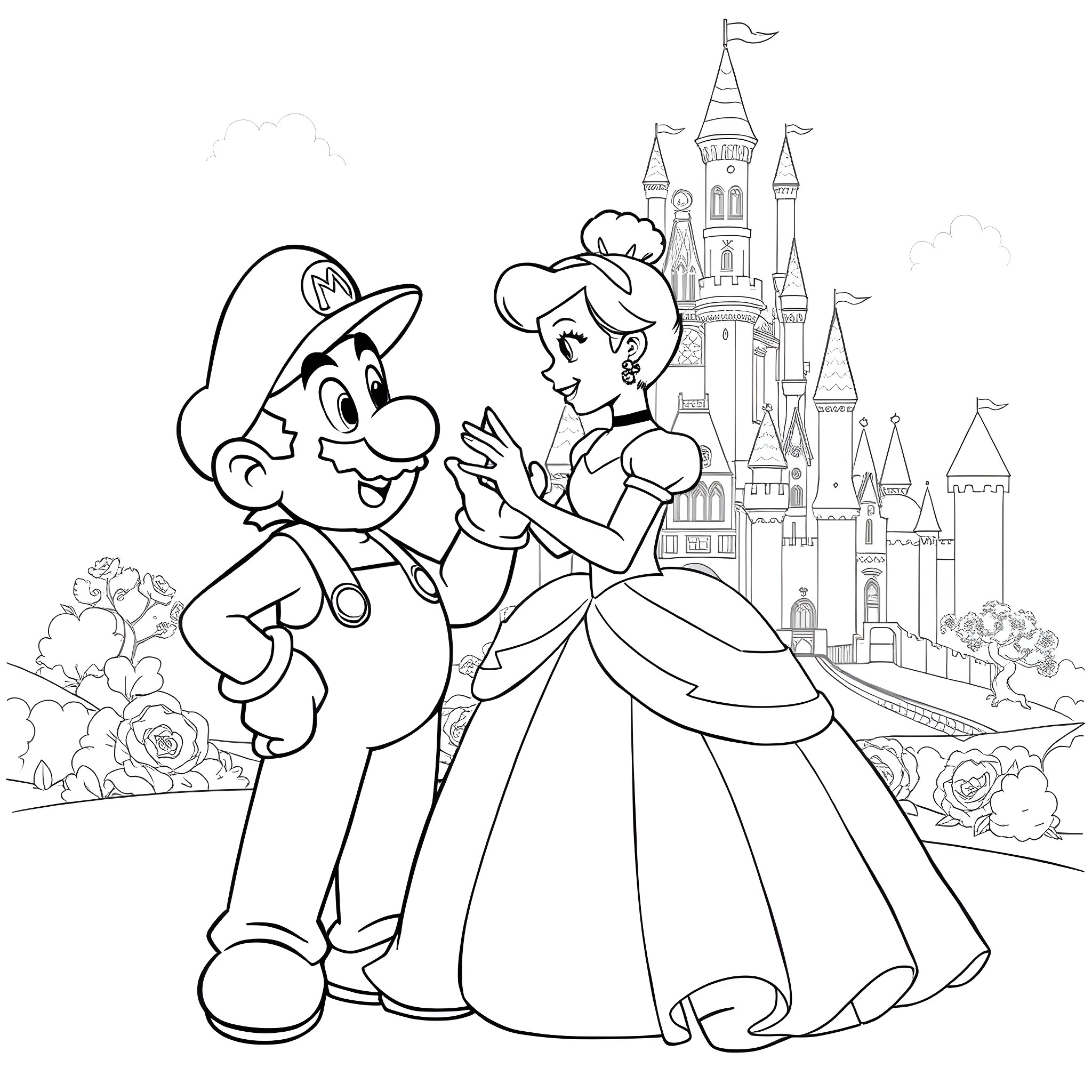 Cinderella and her prince charming in a magical kingdom Coloring Page (free black-and-white line drawing printable PDF for all, from beginners to advanced learners, including children, teens, adults, and seniors)