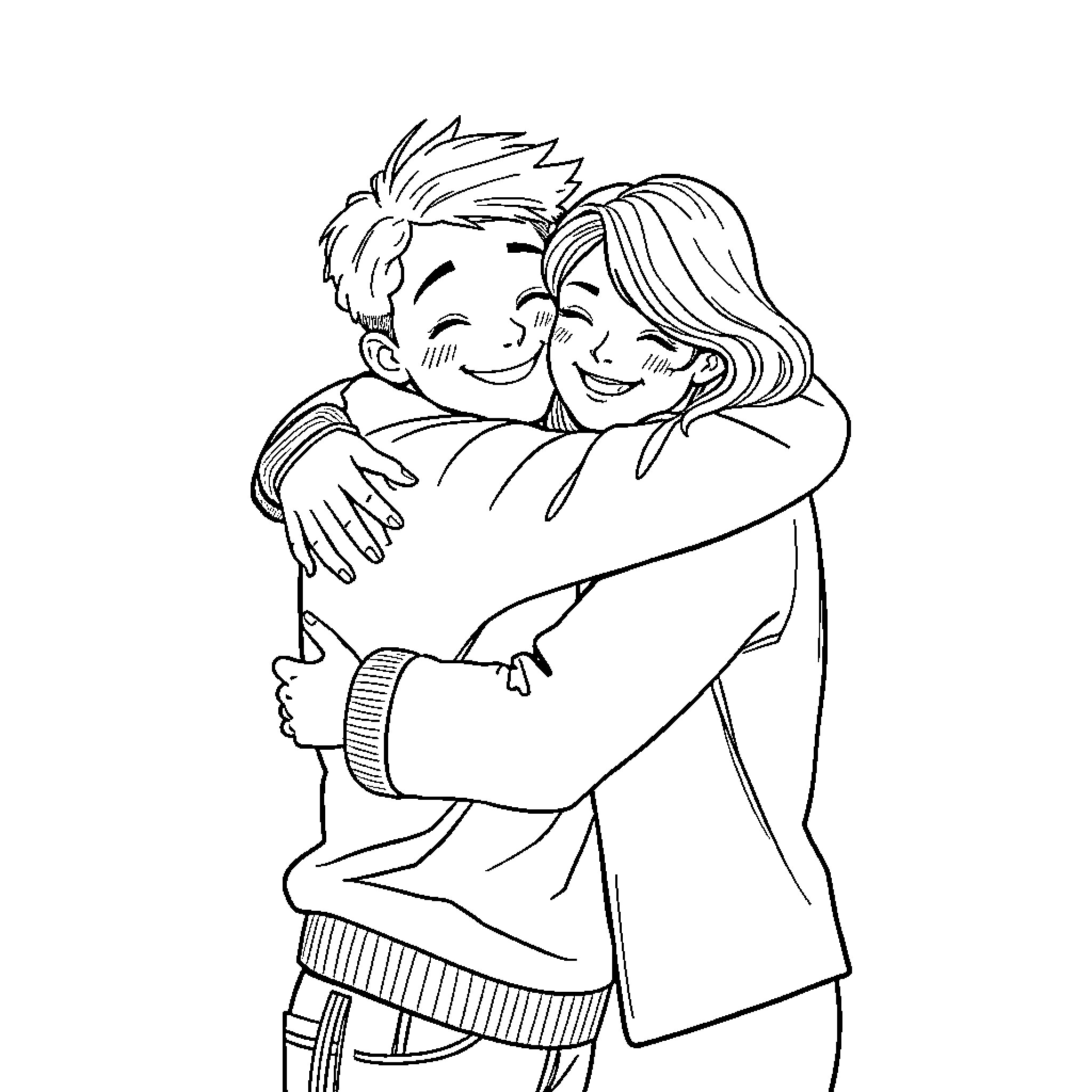 Person in a warm embrace with another person Coloring Page (free black-and-white line drawing printable PDF for all, from beginners to advanced learners, including children, teens, adults, and seniors)