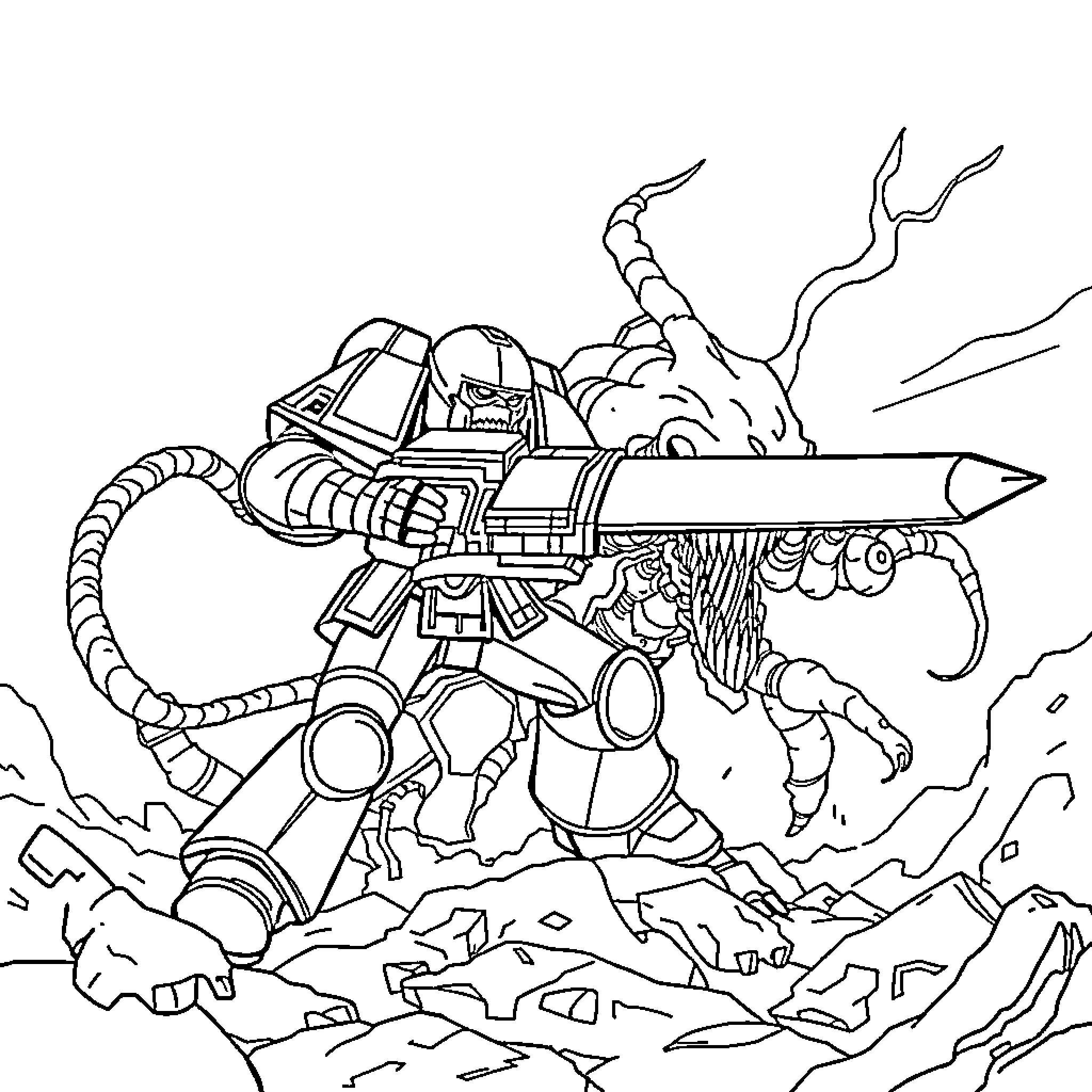 Space Marine Battling Fierce Foe in Ruined Landscape Coloring Page (free black-and-white line drawing printable PDF for all, from beginners to advanced learners, including children, teens, adults, and seniors)