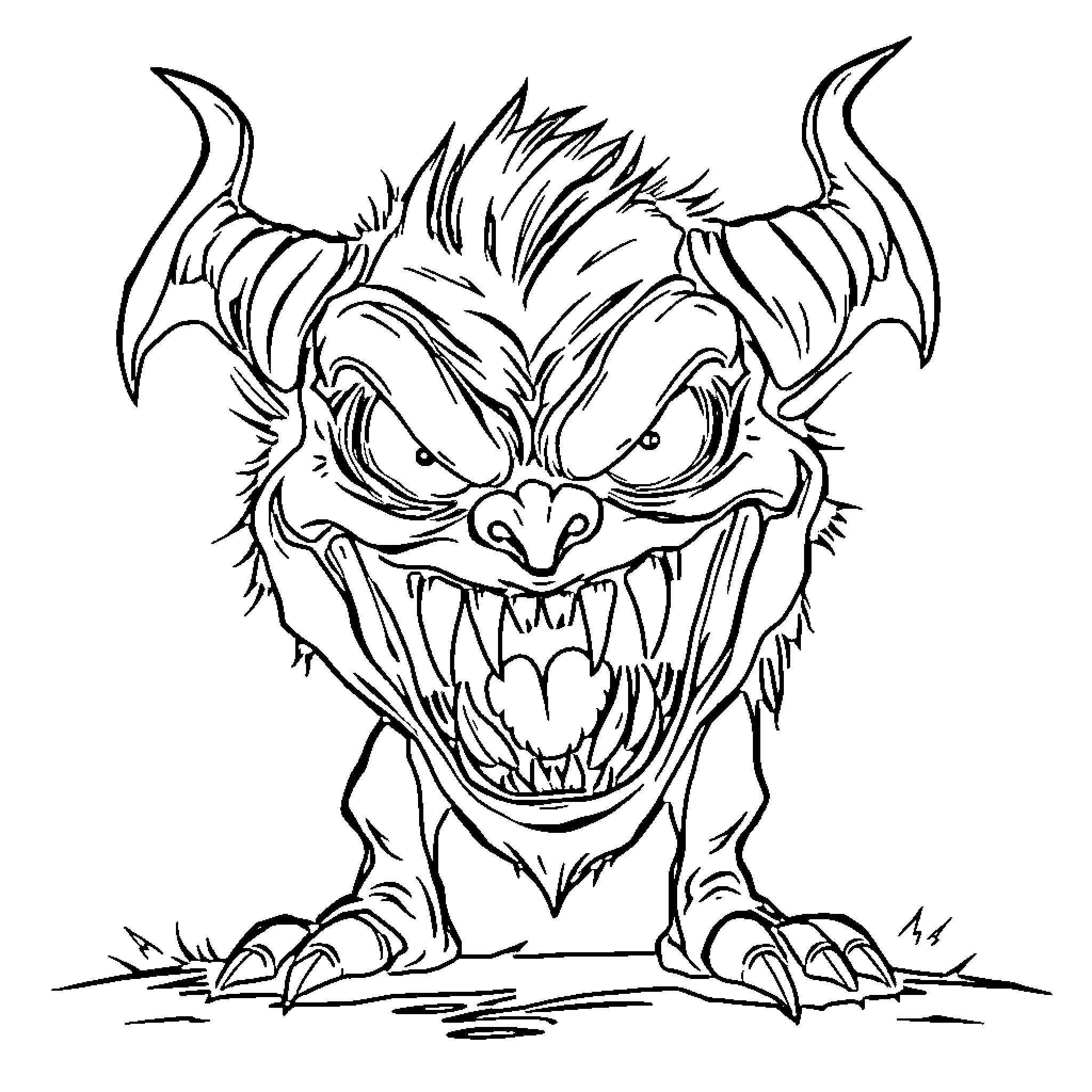 Monster with fearsome expression and sharp claws Coloring Page (free black-and-white line drawing printable PDF for all, from beginners to advanced learners, including children, teens, adults, and seniors)