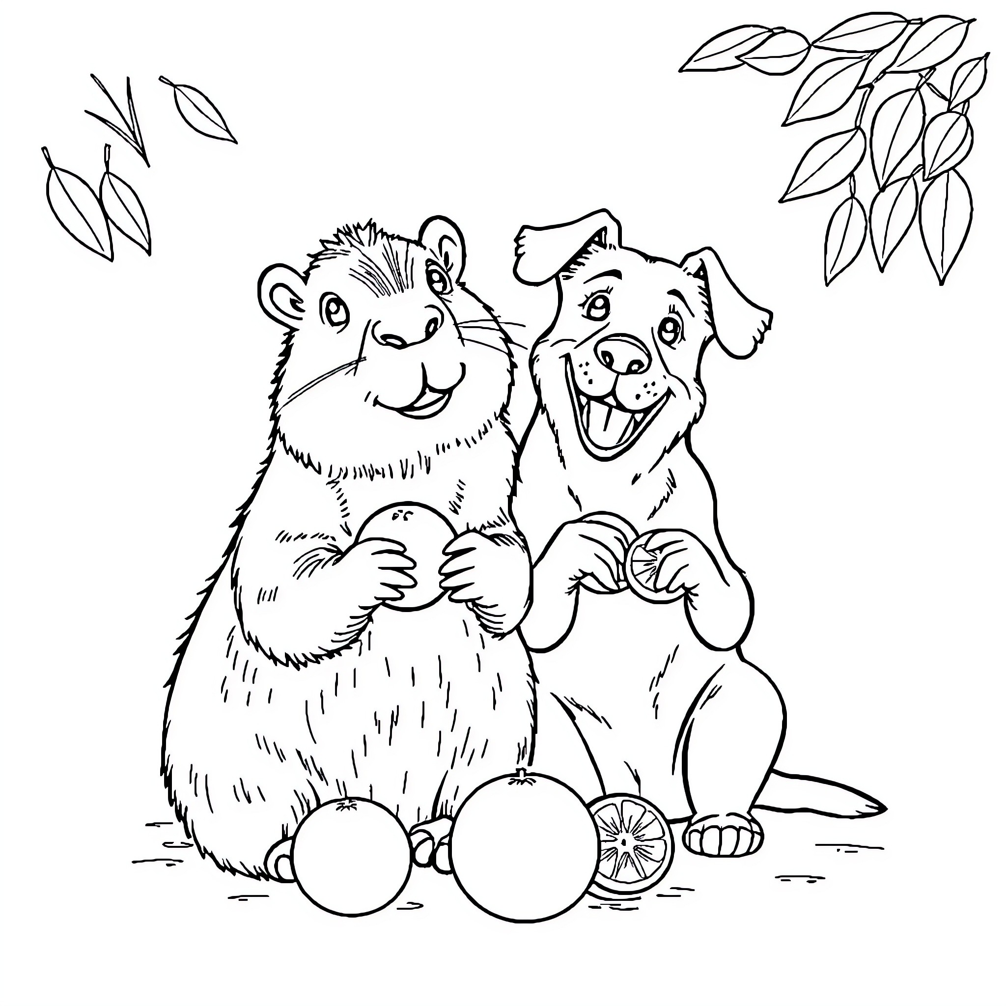 Capybara and dog sitting together happily Coloring Page (free black-and-white line drawing printable PDF for all, from beginners to advanced learners, including children, teens, adults, and seniors)