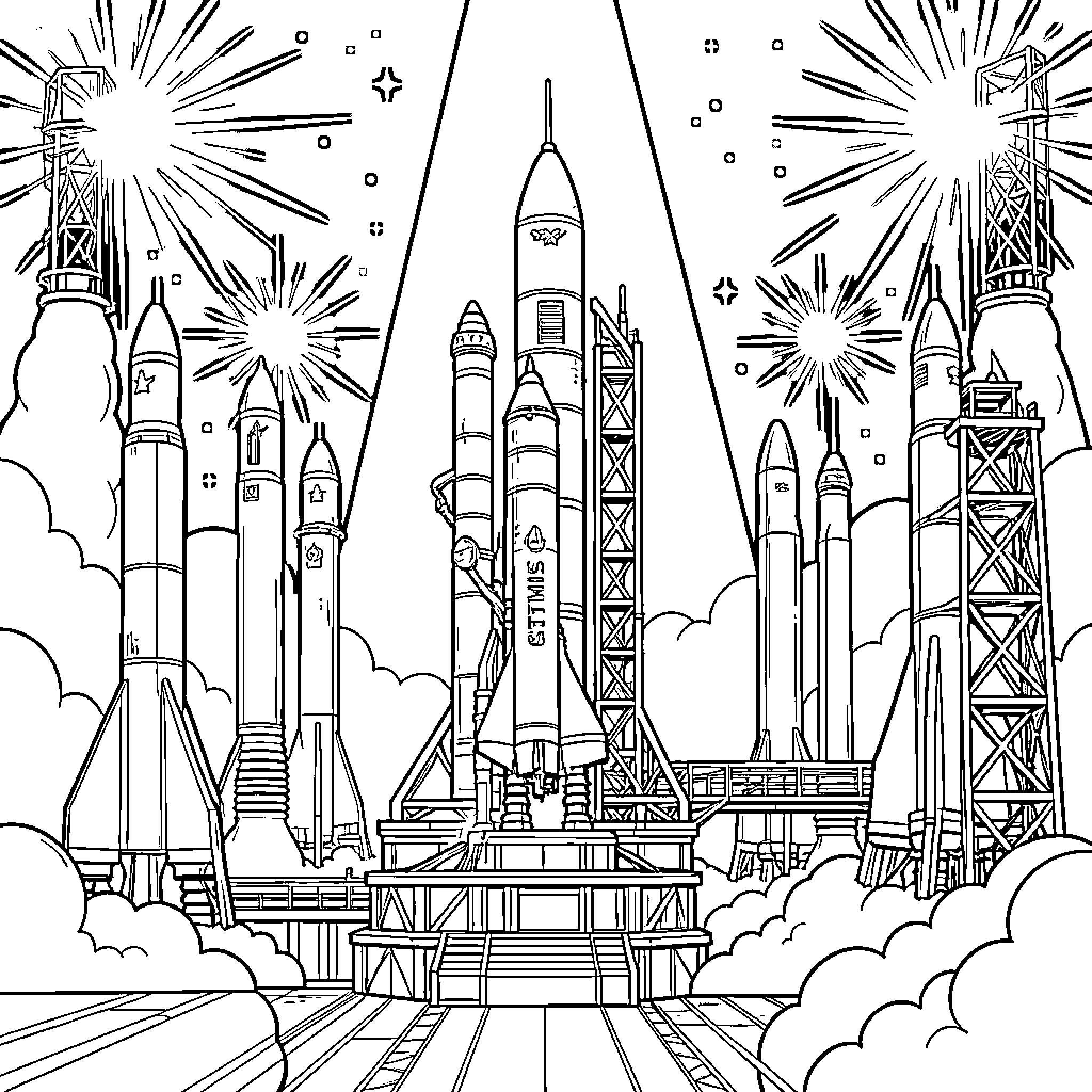 Artemis: Rockets Launching into Space Coloring Page (free black-and-white line drawing printable PDF for all, from beginners to advanced learners, including children, teens, adults, and seniors)