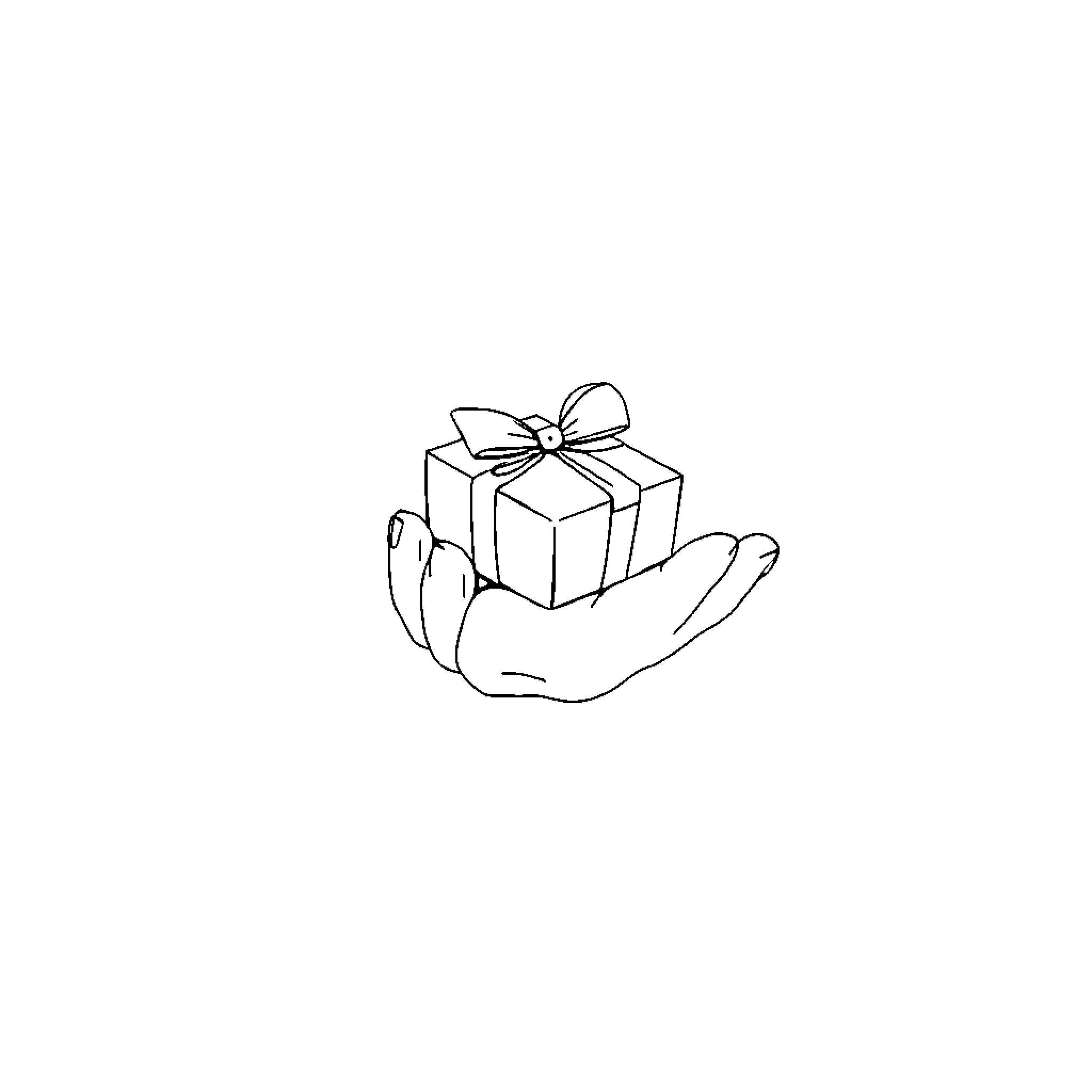 Hand presenting a gift box with a bow Coloring Page (free black-and-white line drawing printable PDF for all, from beginners to advanced learners, including children, teens, adults, and seniors)
