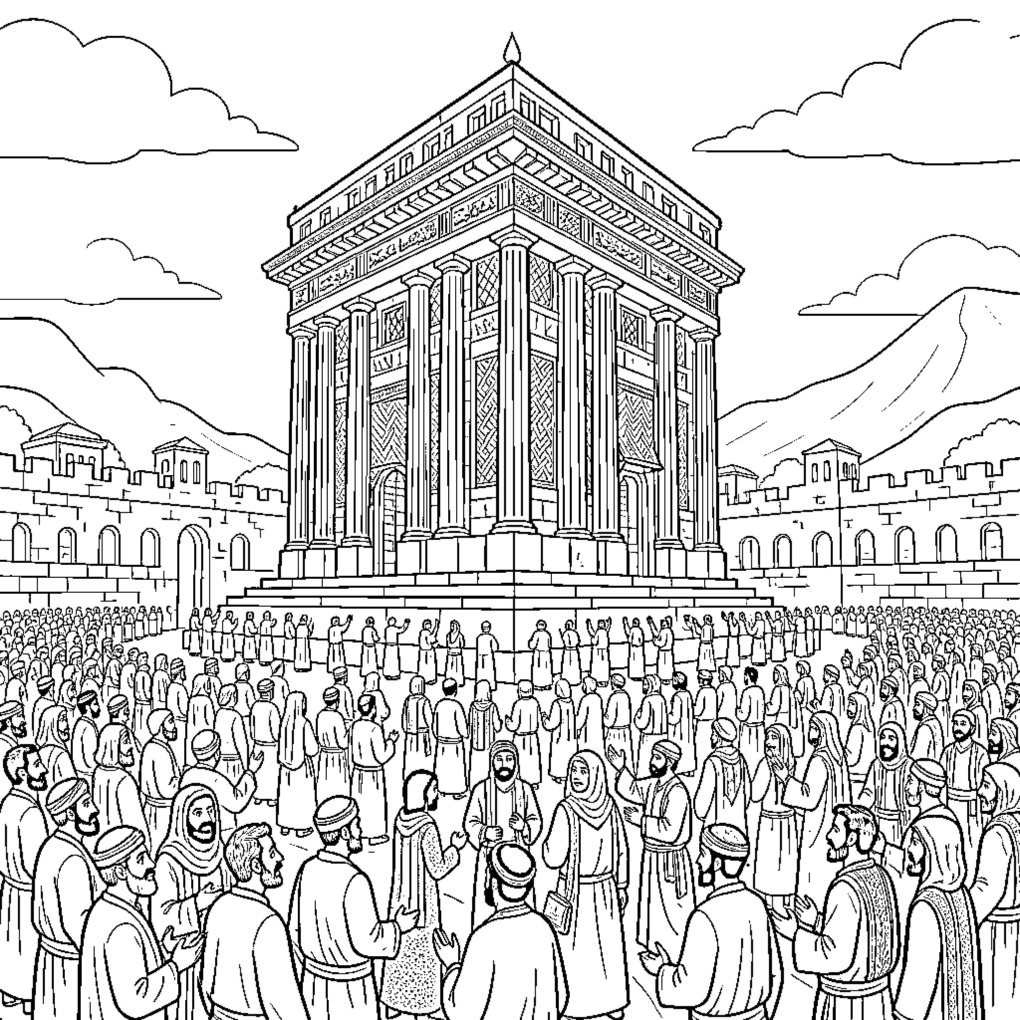 Bais Hamikdash with a large crowd of people gathered Coloring Page (free black-and-white line drawing printable PDF for all, from beginners to advanced learners, including children, teens, adults, and seniors)