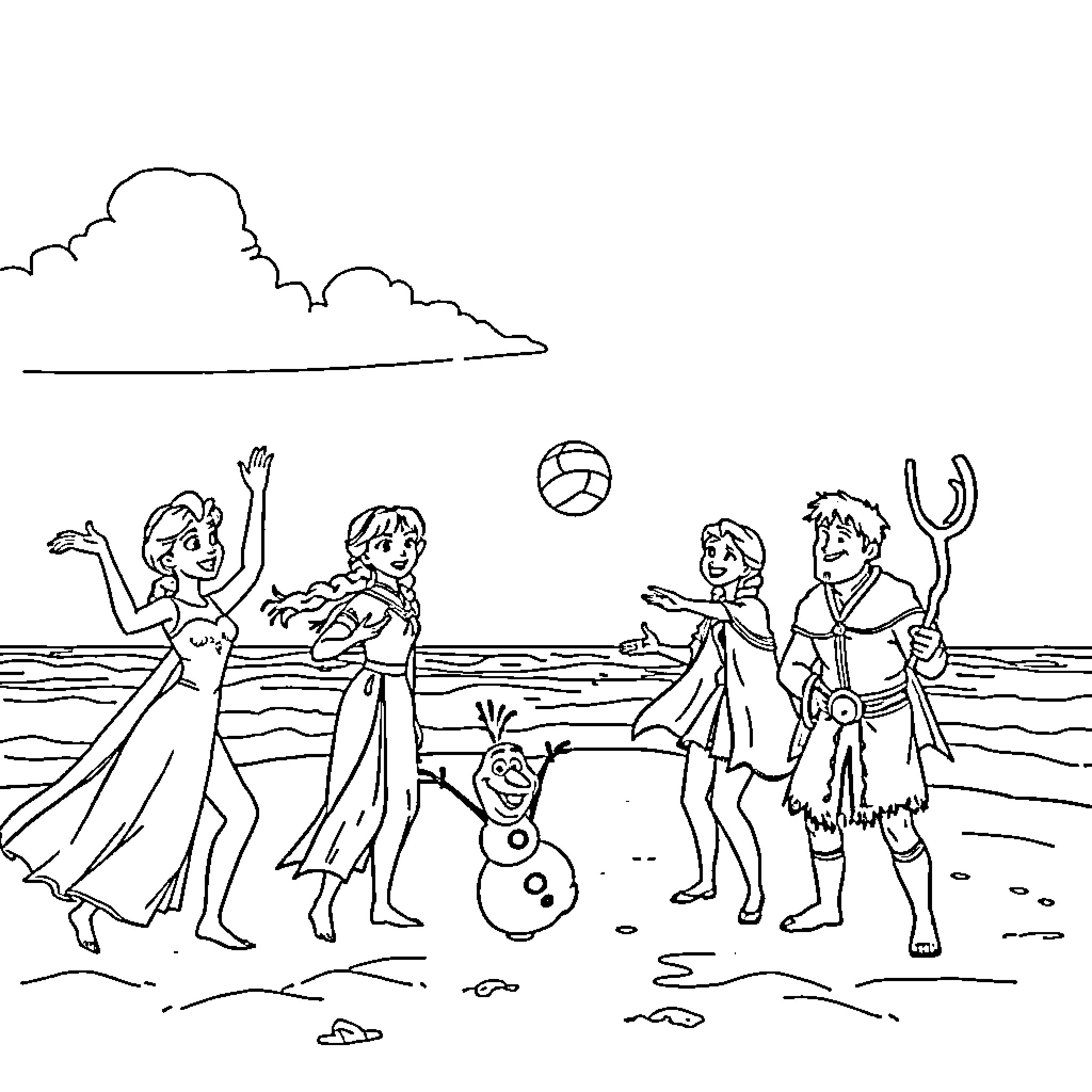 Frozen Characters Playing Beach Games Coloring Page (free black-and-white line drawing printable PDF for all, from beginners to advanced learners, including children, teens, adults, and seniors)
