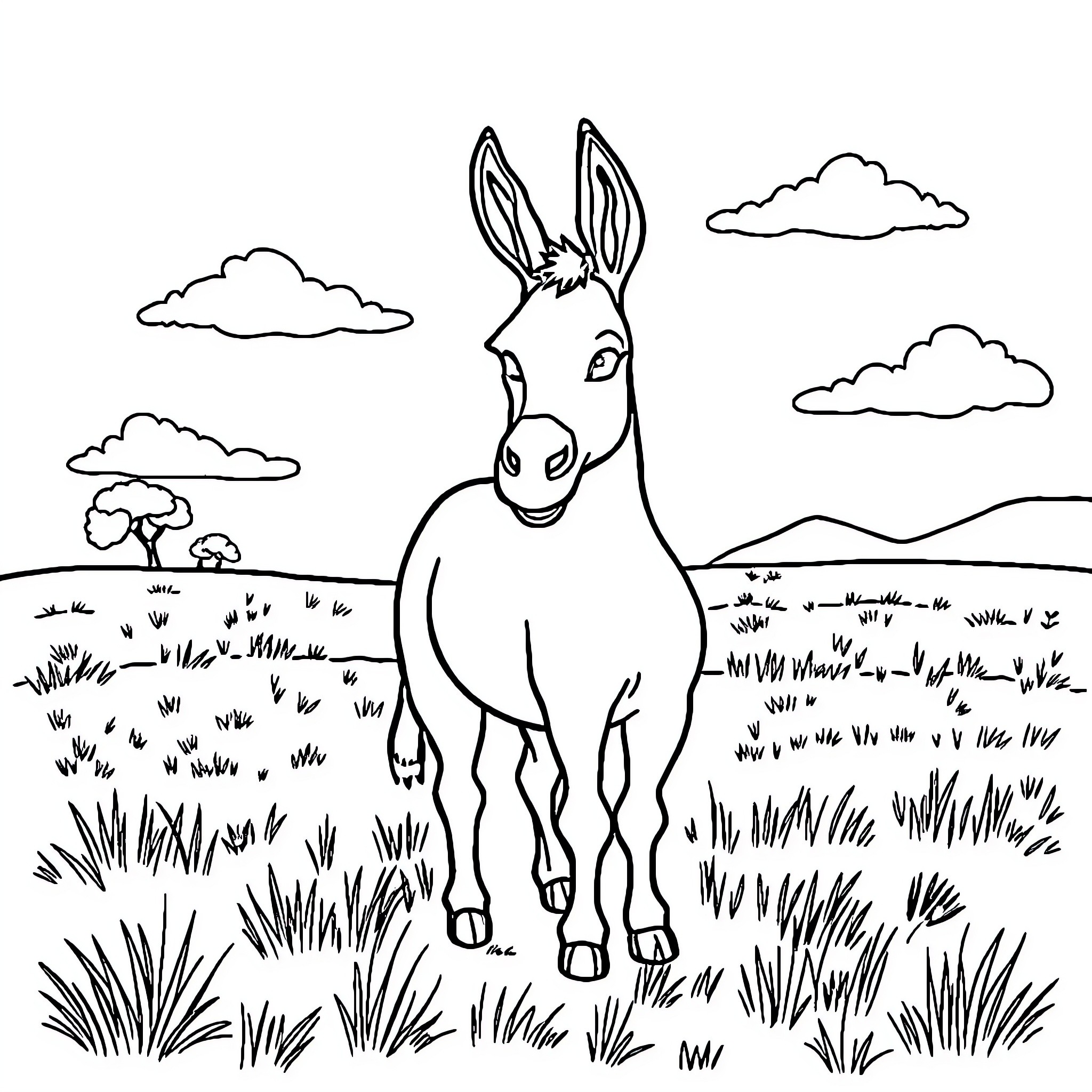 Burro standing amidst a scenic landscape Coloring Page (free black-and-white line drawing printable PDF for all, from beginners to advanced learners, including children, teens, adults, and seniors)