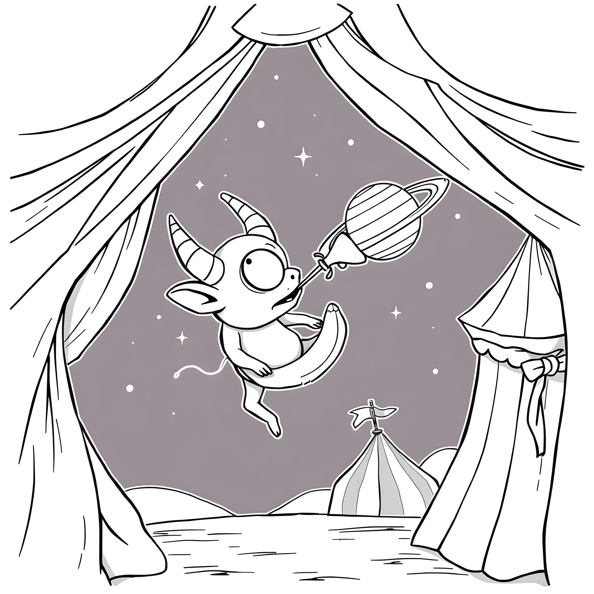 Purple People Eater performing on a cosmic stage Coloring Page (free black-and-white line drawing printable PDF for all, from beginners to advanced learners, including children, teens, adults, and seniors)