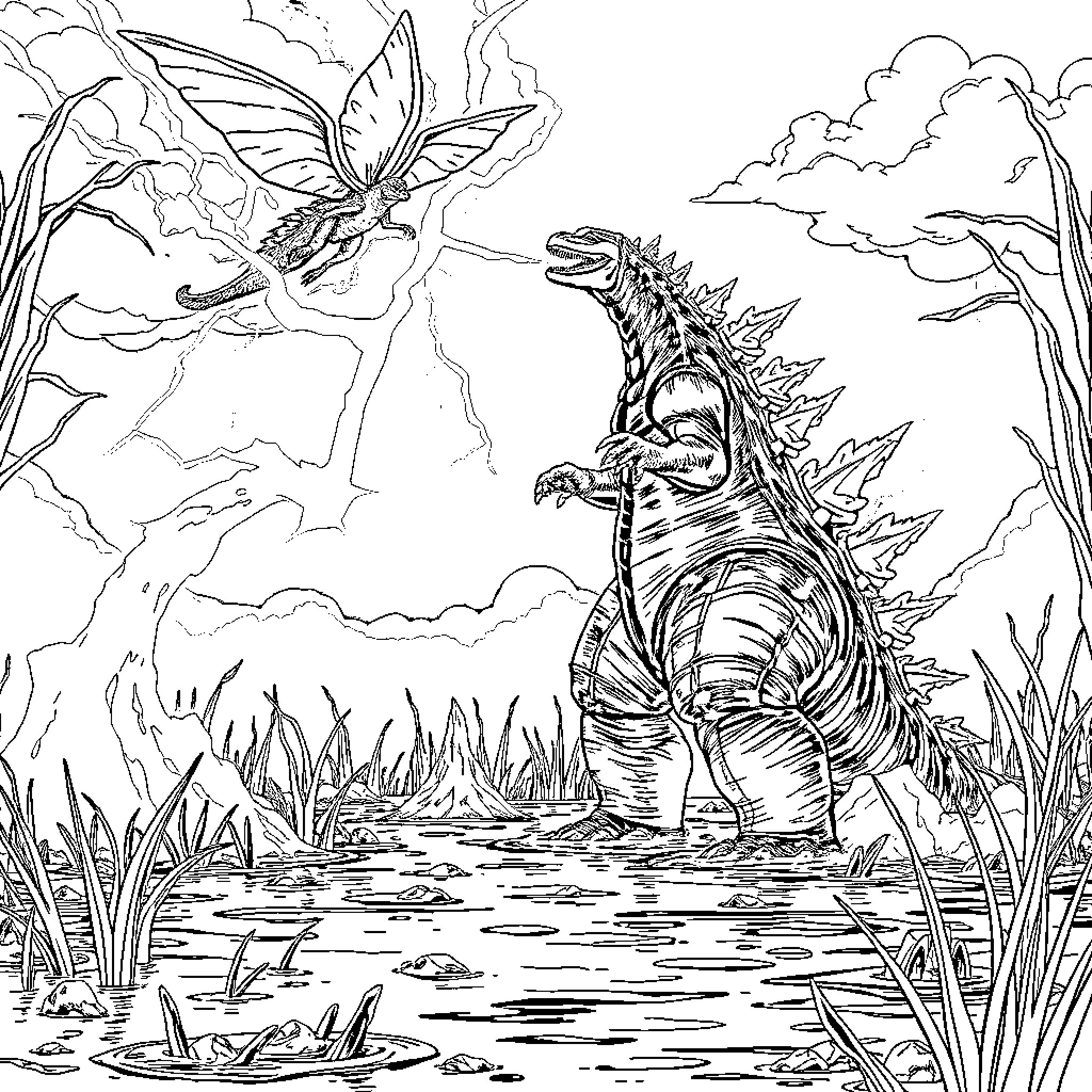 Godzilla battling a giant moth in a surreal landscape Coloring Page (free black-and-white line drawing printable PDF for all, from beginners to advanced learners, including children, teens, adults, and seniors)
