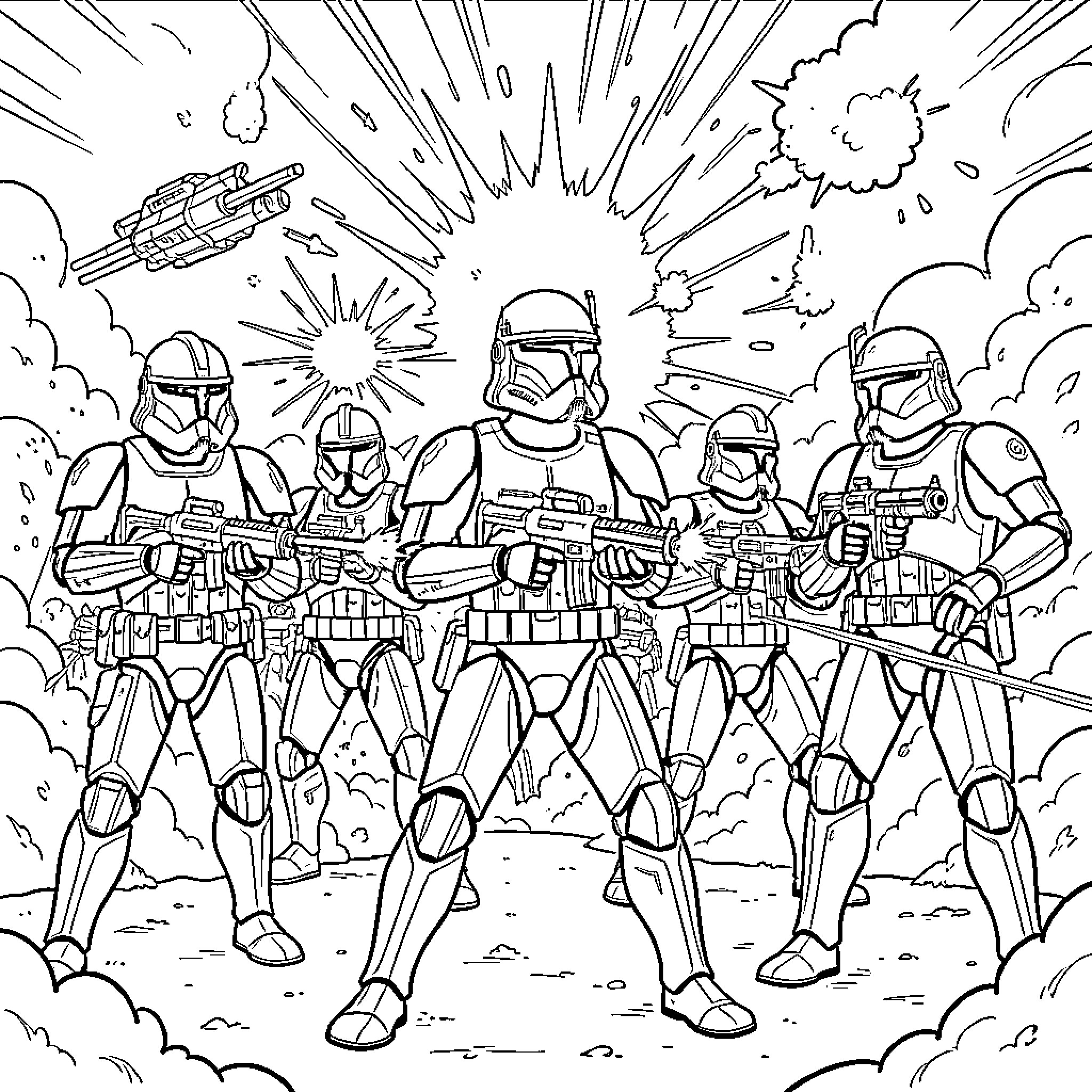 Clone Trooper squad advancing through a battlefield Coloring Page (free black-and-white line drawing printable PDF for all, from beginners to advanced learners, including children, teens, adults, and seniors)