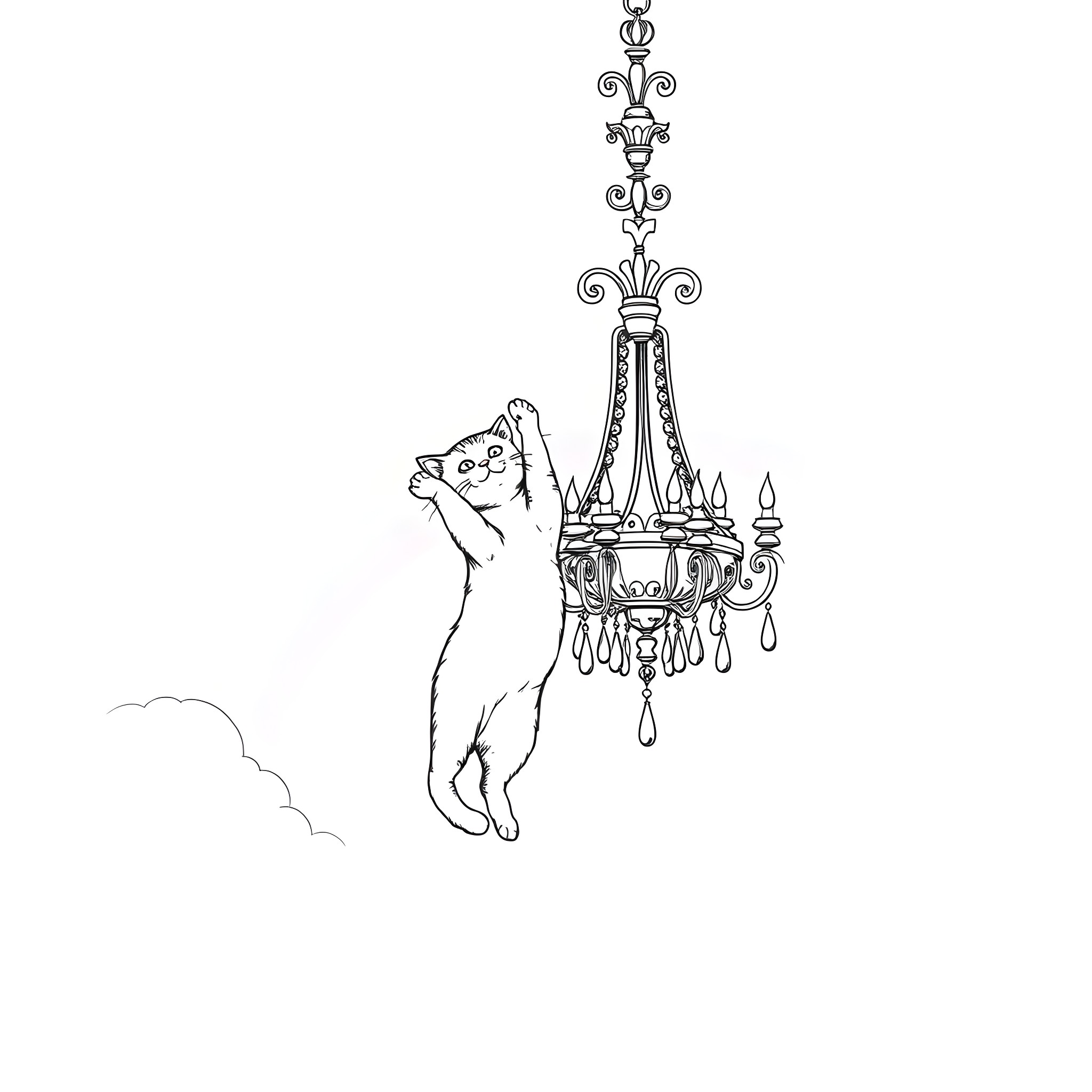 Cat playing with chandelier in fancy room Coloring Page (free black-and-white line drawing printable PDF for all, from beginners to advanced learners, including children, teens, adults, and seniors)