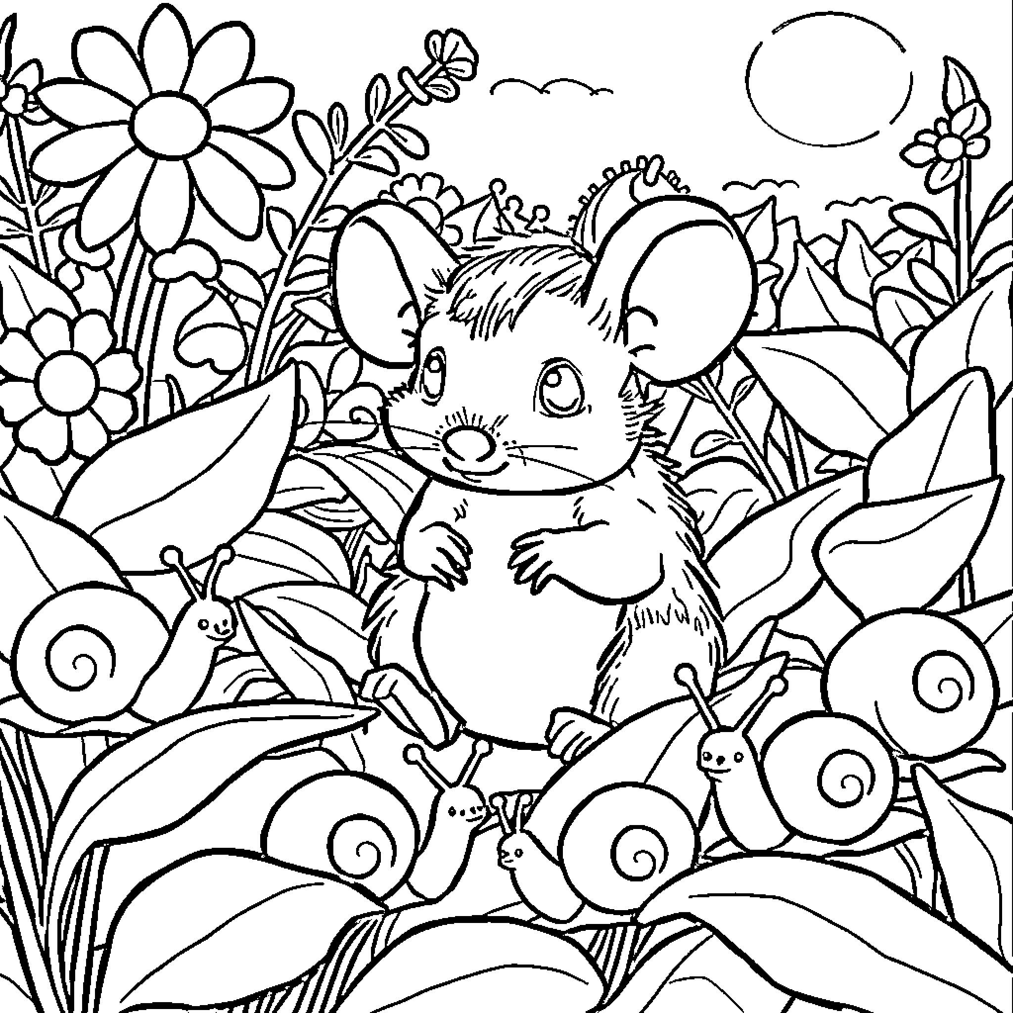 Ludo - Mice, flowers, and nature adventure Coloring Page (free black-and-white line drawing printable PDF for all, from beginners to advanced learners, including children, teens, adults, and seniors)