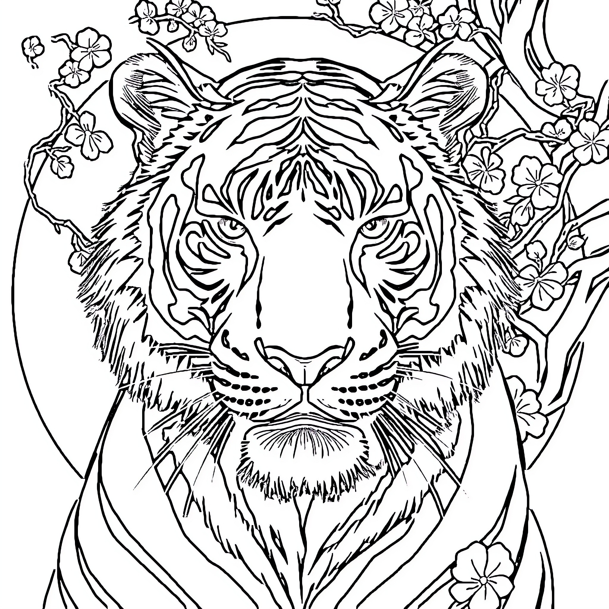Tiger emerging from floral surroundings Coloring Page (free black-and-white line drawing printable PDF for all, from beginners to advanced learners, including children, teens, adults, and seniors)